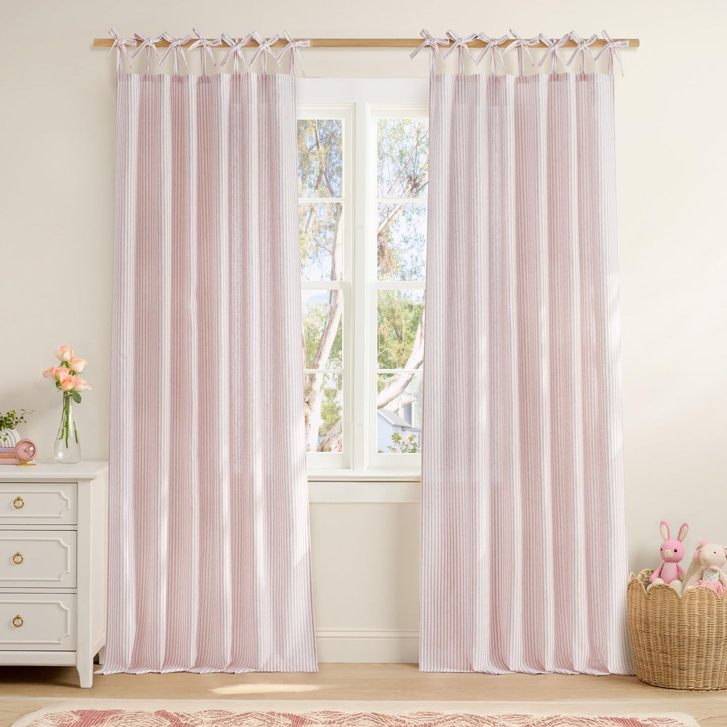 NICETOWN Pink Linen Curtains for Girls Room, Tie Top Stripe Pattern Light Filtering Semi Sheer Window Treatments DIY Crafted Privacy for Bedroom, W52 x L84, 2 Panels