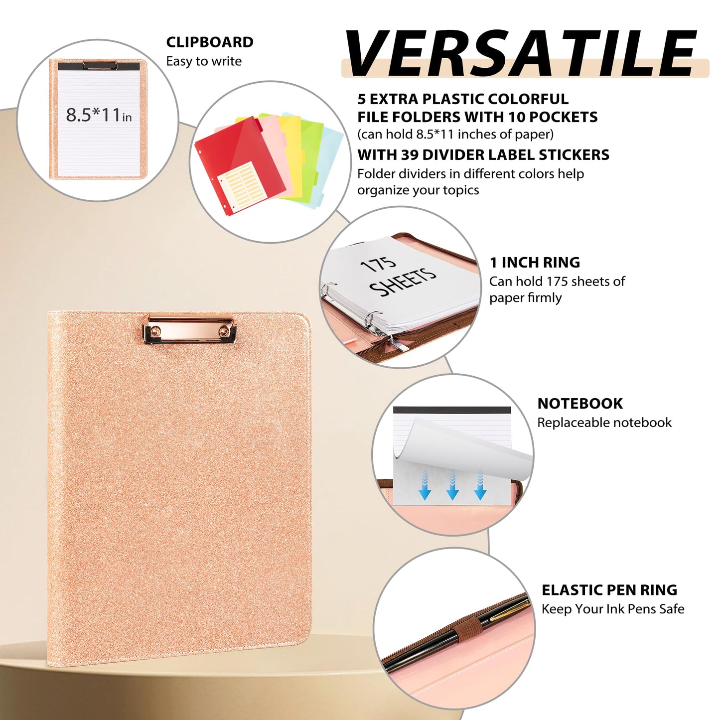 Leather Clipboard with Storage, Zippered Padfolio Portfolio Organizer, 3 Ring Binder 1 Inch, Notepad, Tablet Sleeve, 5 Dividers with Pocket, Stickets for Office, Nurses, Students, Teachers Rose Gold