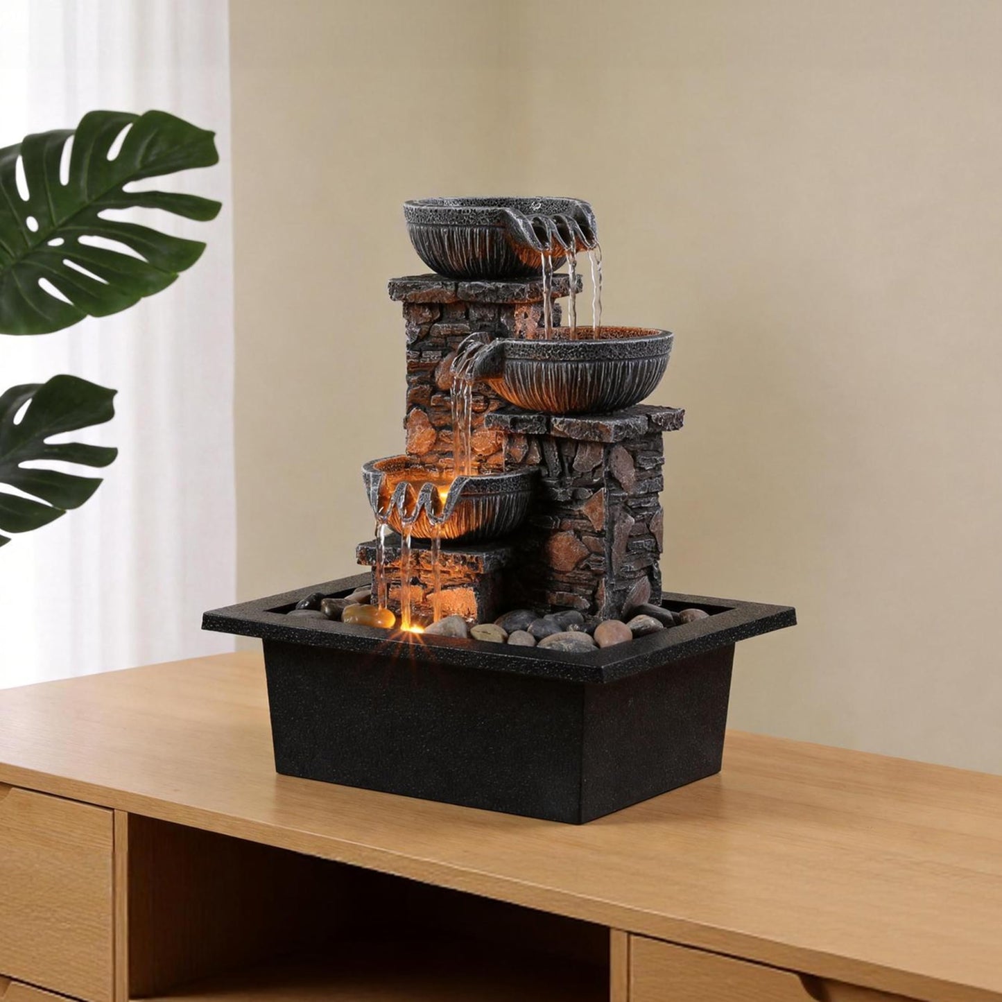 Kalona Tabletop Fountain 3 Bowls with LED Light Soothing Water Flowing Sound Fountain Zen/Meditation Home/Office Decor Home Décor Relaxation Indoor (23113)