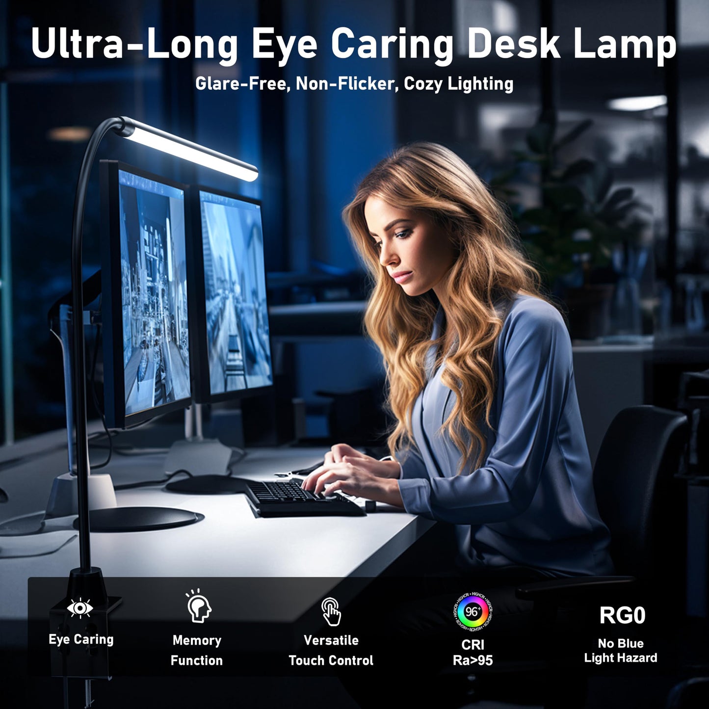 deeloop LED Clip-on Reading Light, 20" Ultra-Long Chips Bright Desk Lamp, 10%-100% Stepless Dimming & 3 Color Modes Office Lamp with 360 Gooseneck Memory Function Clamp Light