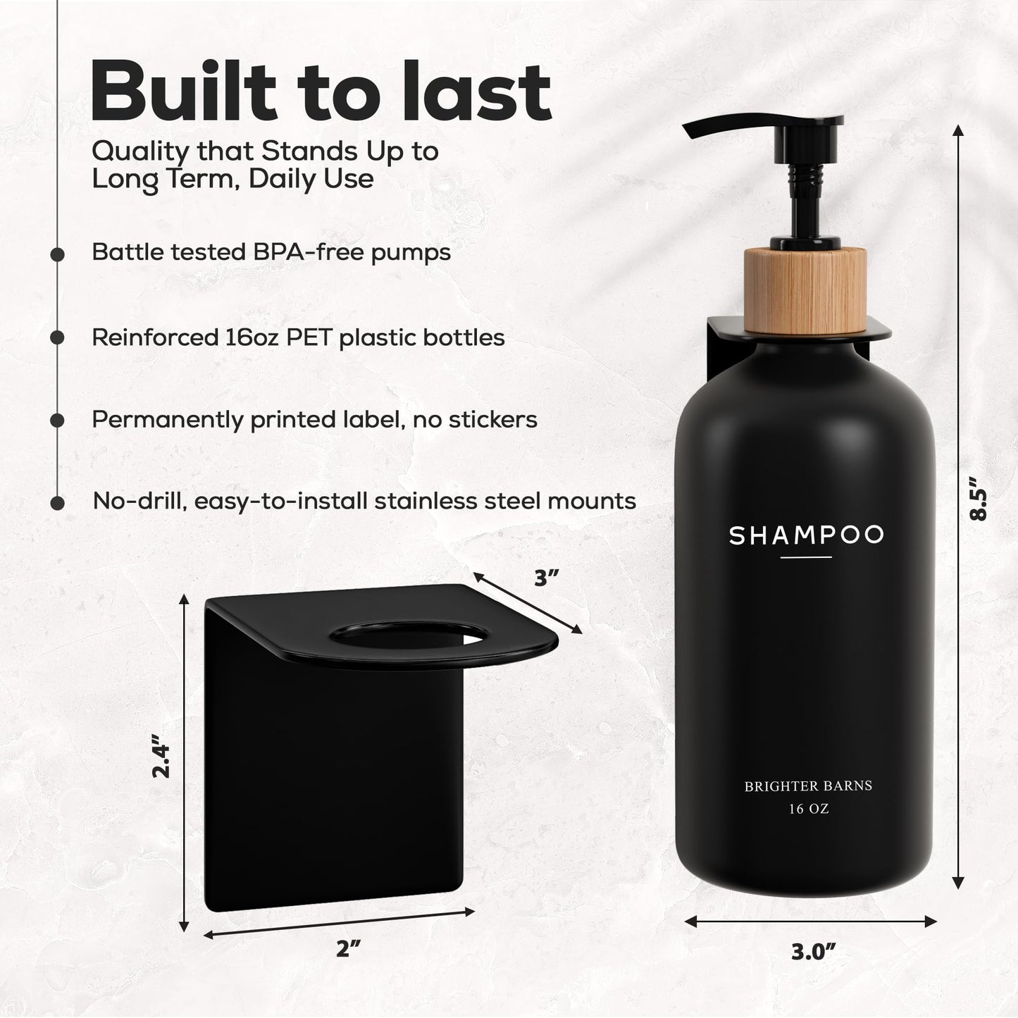 Black Shampoo and Conditioner Dispenser Set Wall Mounted by Brighter Barns - Shampoo Dispenser for Shower Wall 3 Chamber No Drill - Shower Bottles Refillable with Labels for Bathroom, Airbnb (Black)