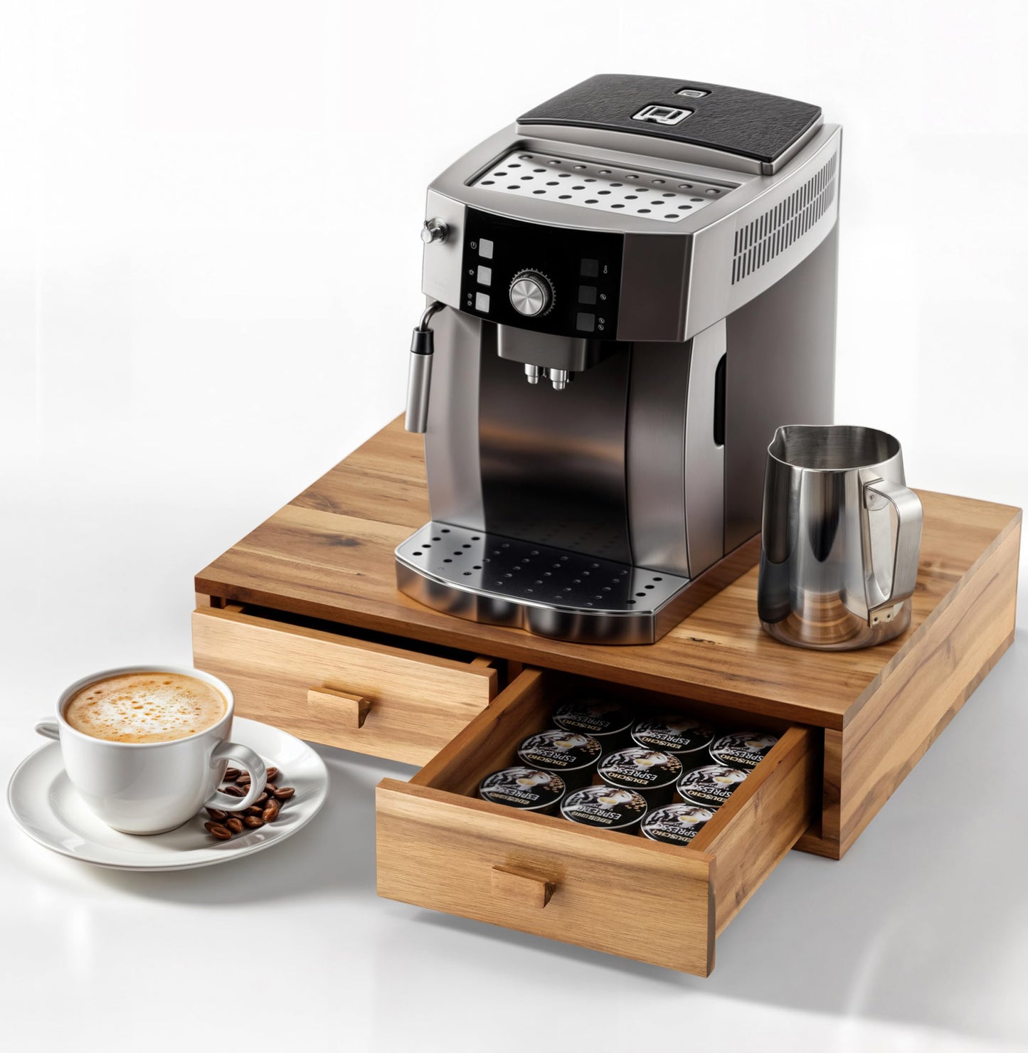 Tinamo Acacia Wood Coffee Pod Storage Box, 30 Pod Capacity, Coffee Pods and Tea Organizer Holder, K Pod Drawer Coffee Maker Machine Stand, for K-Cup Drawer Organizer Under Brewer (Acacia, 2 drawer)