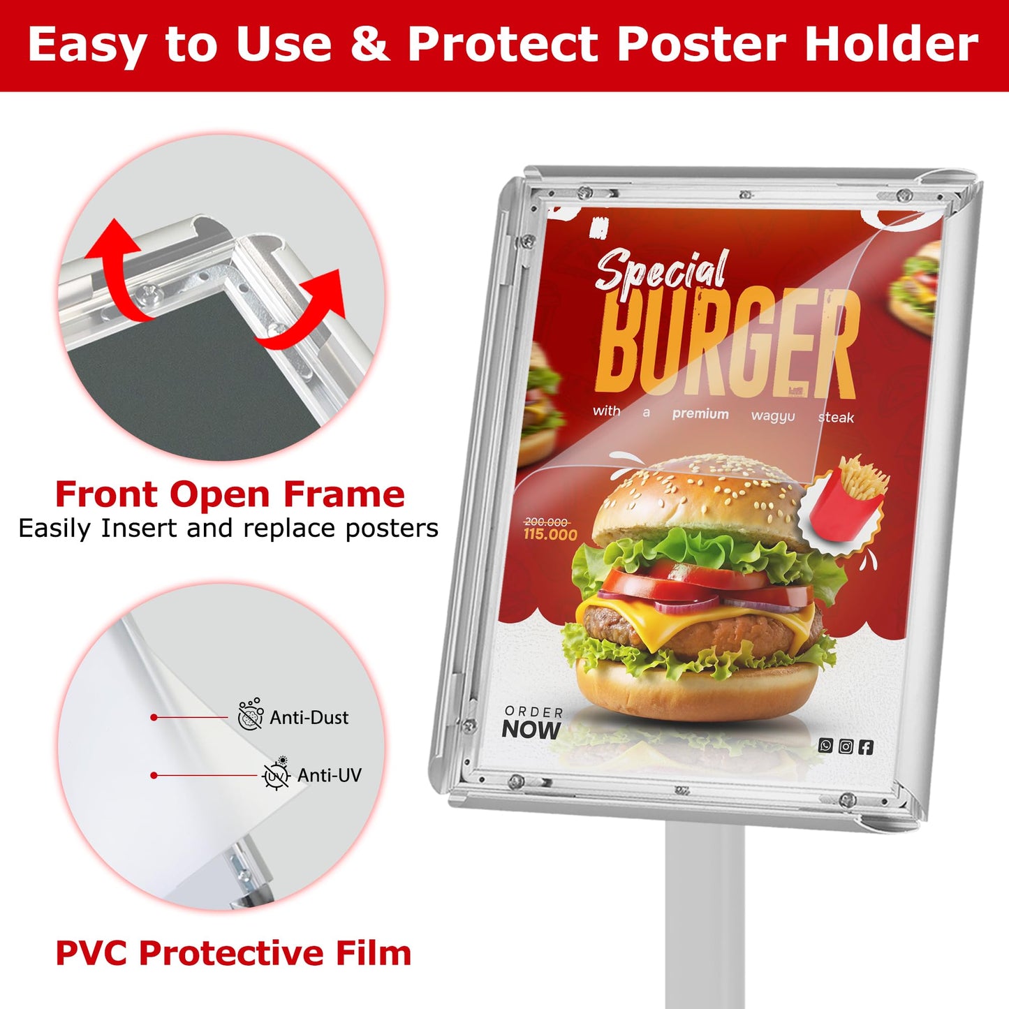 VAIIGO Heavy Duty Standing Sign Holder 8.5x11 Inch - Pedestal Floor Sign Stand with Weighted Base - Vertical & Horizontal View Poster/Menu Holder for Indoor/Outdoor Business Store Advertising, Silver