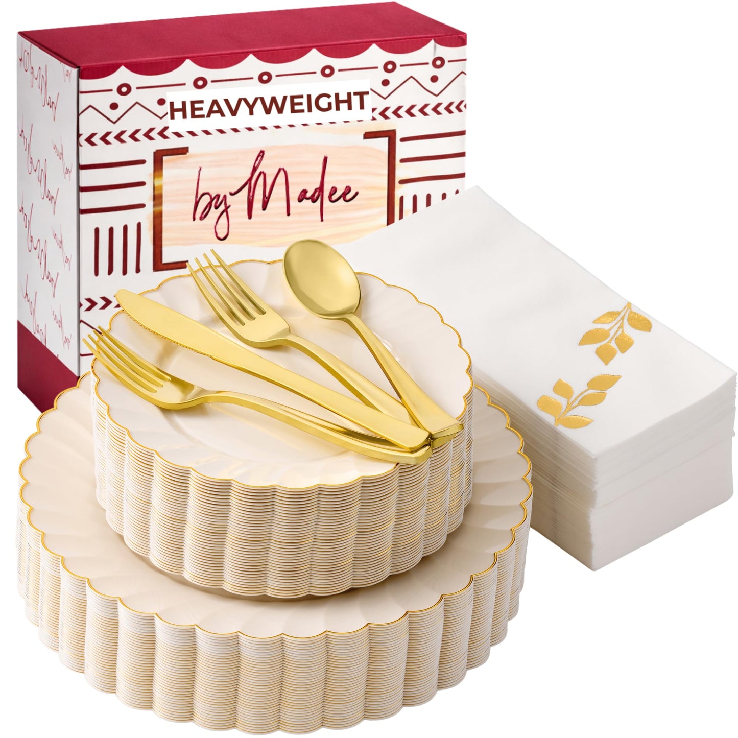 By Madee HEAVYWEIGHT 175 Pc Fancy Plastic Dinnerware Sets | Ivory Scalloped Plastic Plates with Gold Trim | Nice Plastic Plates Cutlery and Glam Napkins (25 Guests)