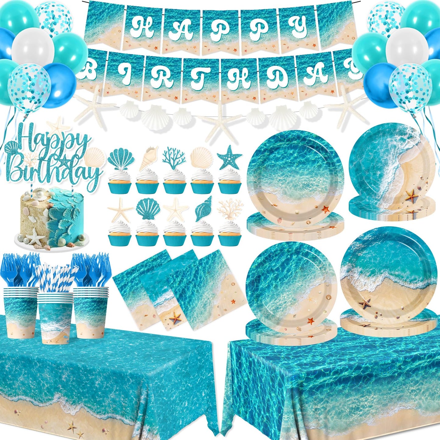 Beach Birthday Party Decorations, 183Pcs Ocean Waves Birthday Party Decorations Summer Pool Hawaiian Beach Party Supplies Plates,Napkins,Cups,Banner,Tablecloth,Balloons,Cupcake Topper,Serves 24