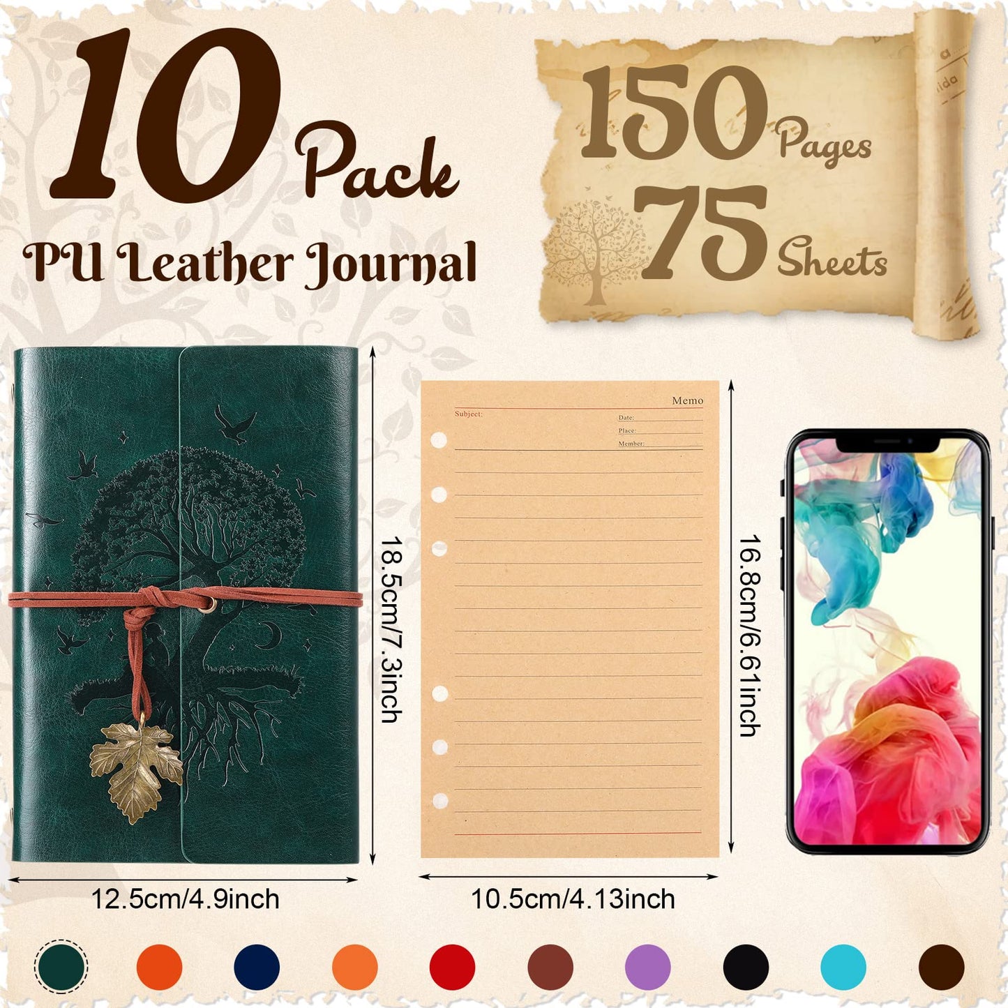 Teling 10 Pieces PU Leather Journal Tree Vintage Refillable Notebook Travel Journal Rustic Bound Diary Daily Writing Notepad with Lined Pages Gifts for Men Women(A6, 5'' x 7'')