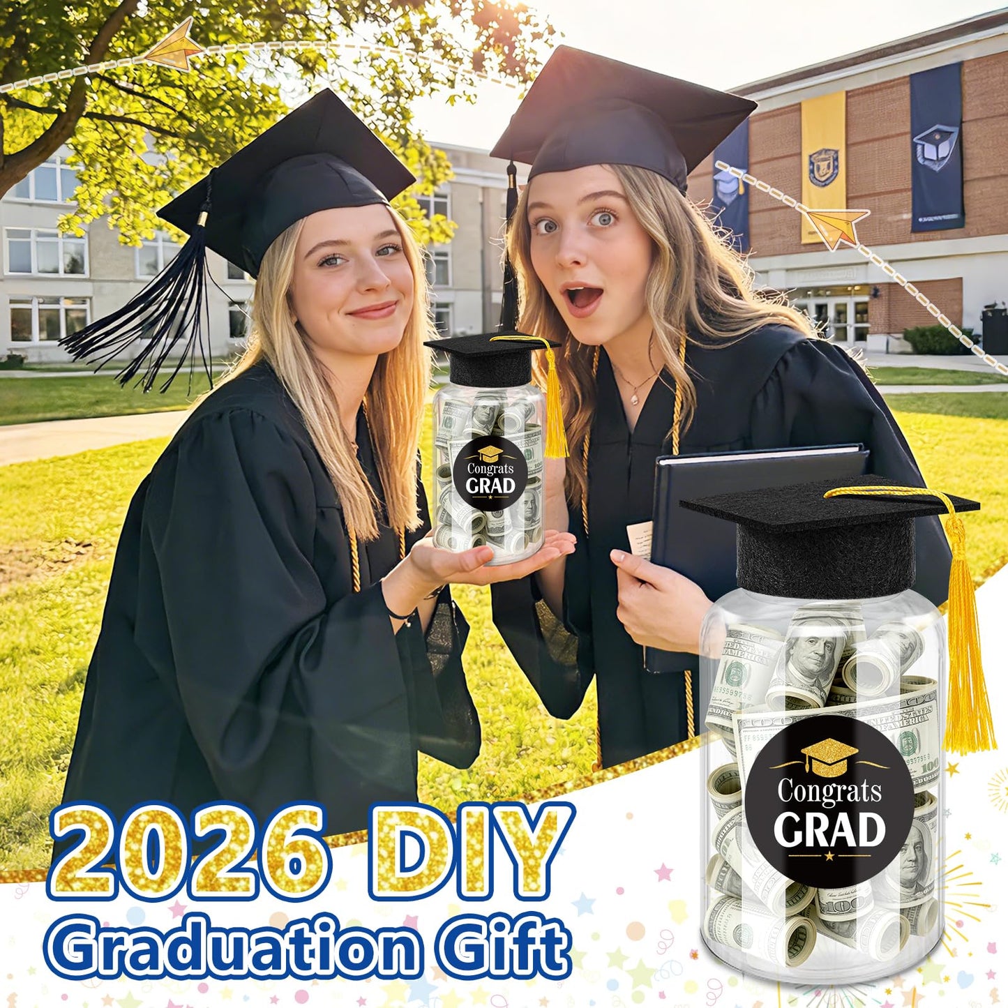Phoncoo 16 Sets 2026 Graduation Table Decoration with LED Lights, Mason Jar Graduation Centerpieces for Tables with Grad Cap, Stickers for College High Middle School Grad Party Supplies Gifts(Black)