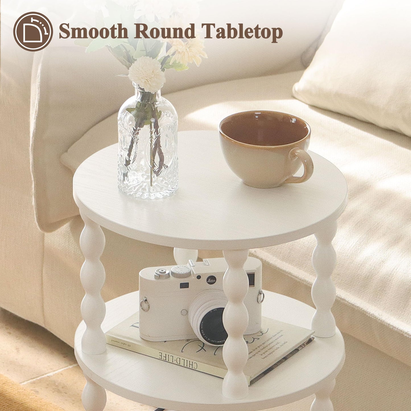 AWASEN Small Round Side Table, White End Table with 3-Tier Open Shelf for Small Spaces, Round Bedside Table Nightstand for Bedroom, Living Room, Office, White