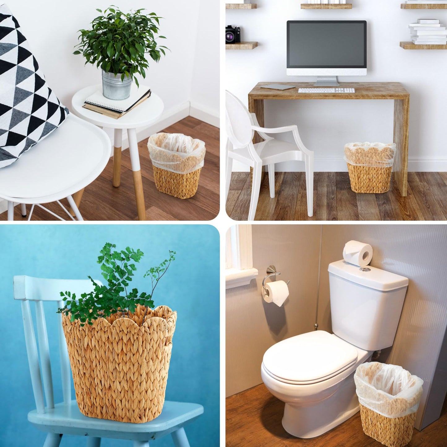 Ziliny 2 Pcs Wicker Trash Can with 50 Small Trash Bag Wicker Waste Woven Basket with Handles Clear Multi Use Garbage Bags for Bathroom Kitchen Bedroom (Calabash Vine,Scalloped Brim)