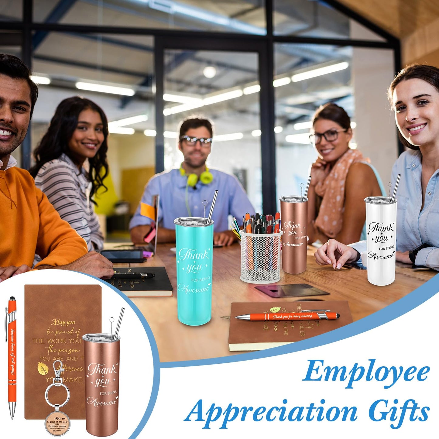 Ireer Employee Appreciation Gifts Thank You Teacher Gifts 20 oz Insulated Tumbler Keychain Pen Notepad(Classic Colors,4 Sets)