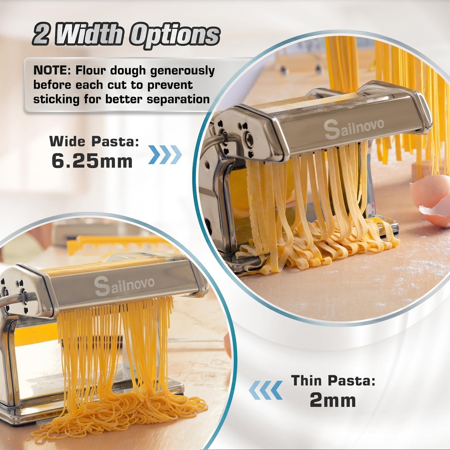 Sailnovo 3 in 1 Pasta Maker Machine - 9 Adjustable Thickness Settings Aluminum Alloy Pasta Roller & 2 Width Cutters for Fresh Spaghetti, Fettuccini, Lasagna, Dumplings - Stainless Steel, Silver