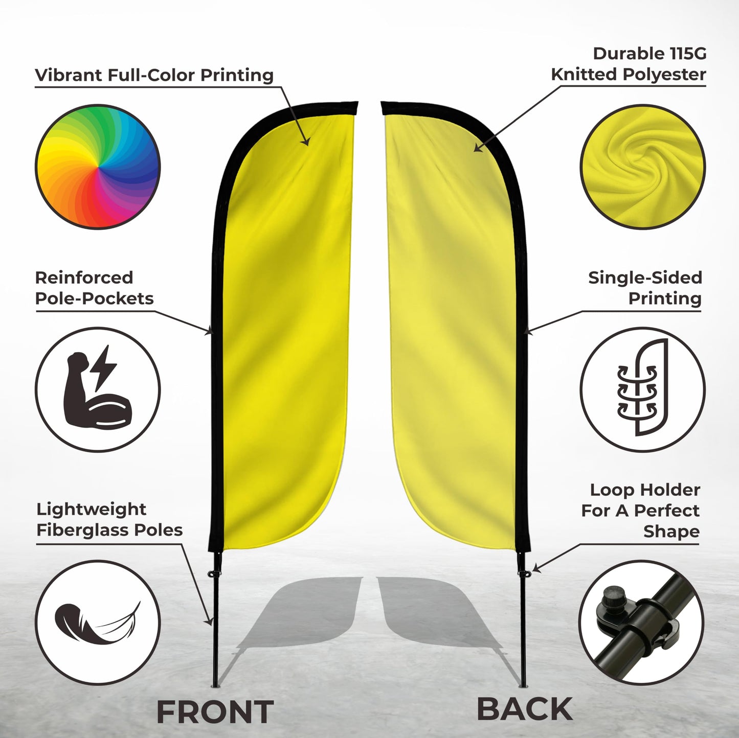 LookOurWay Feather Flag Pole Kit - 7 Feet Tall Advertising Flag Banner with Fiberglass Pole Set and Ground Spike for Business Promotion - Solid Colors - Yellow