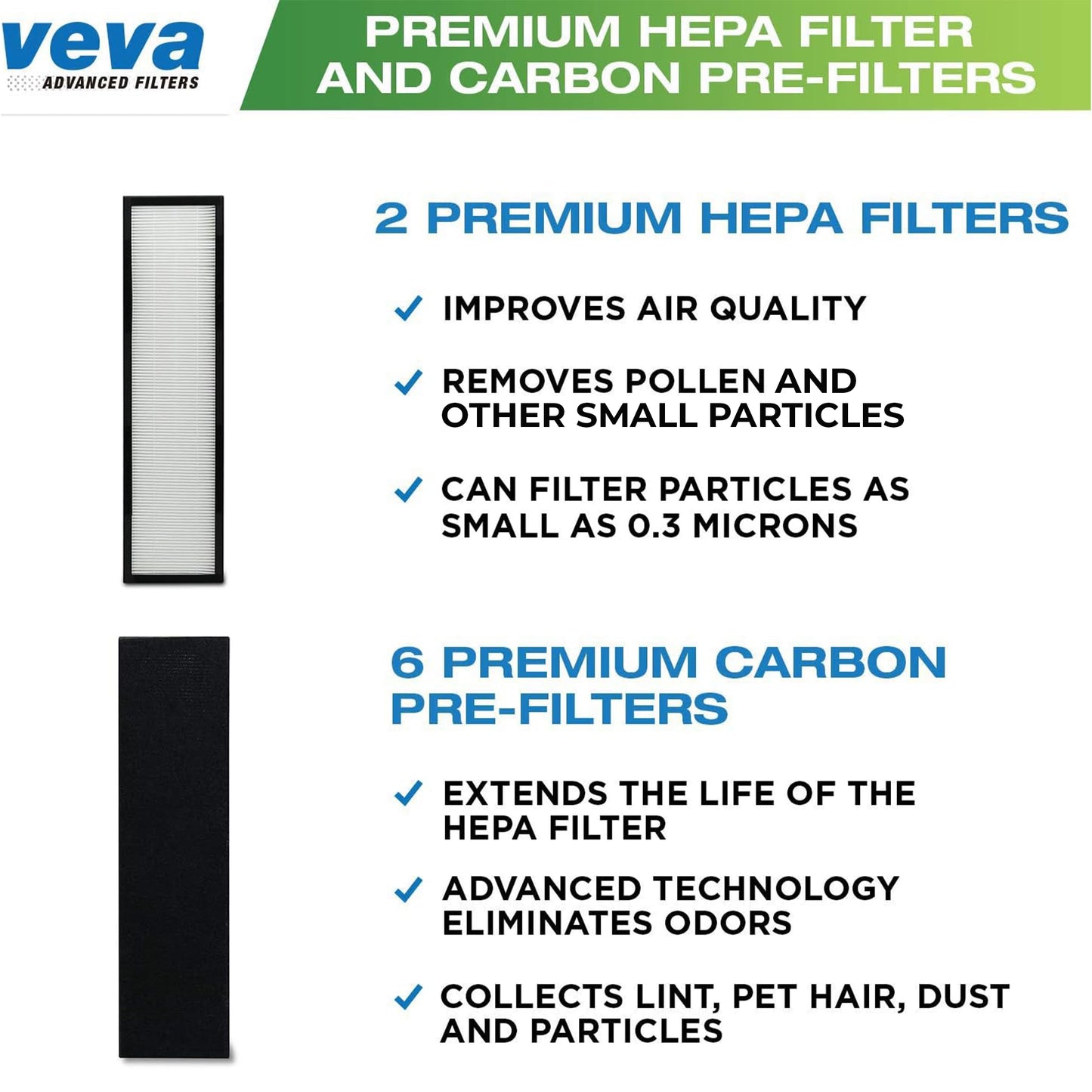 Veva 2 HEPA Air Filters & 6 Carbon Pre-Filters Replacement Filter C Compatible with Germguardian FLT5000/FLT5111 FLT5250PT, AC5000, AC5000E, AC5250PT, AC5350B, AC5350BCA, AC5350W, AC5300B