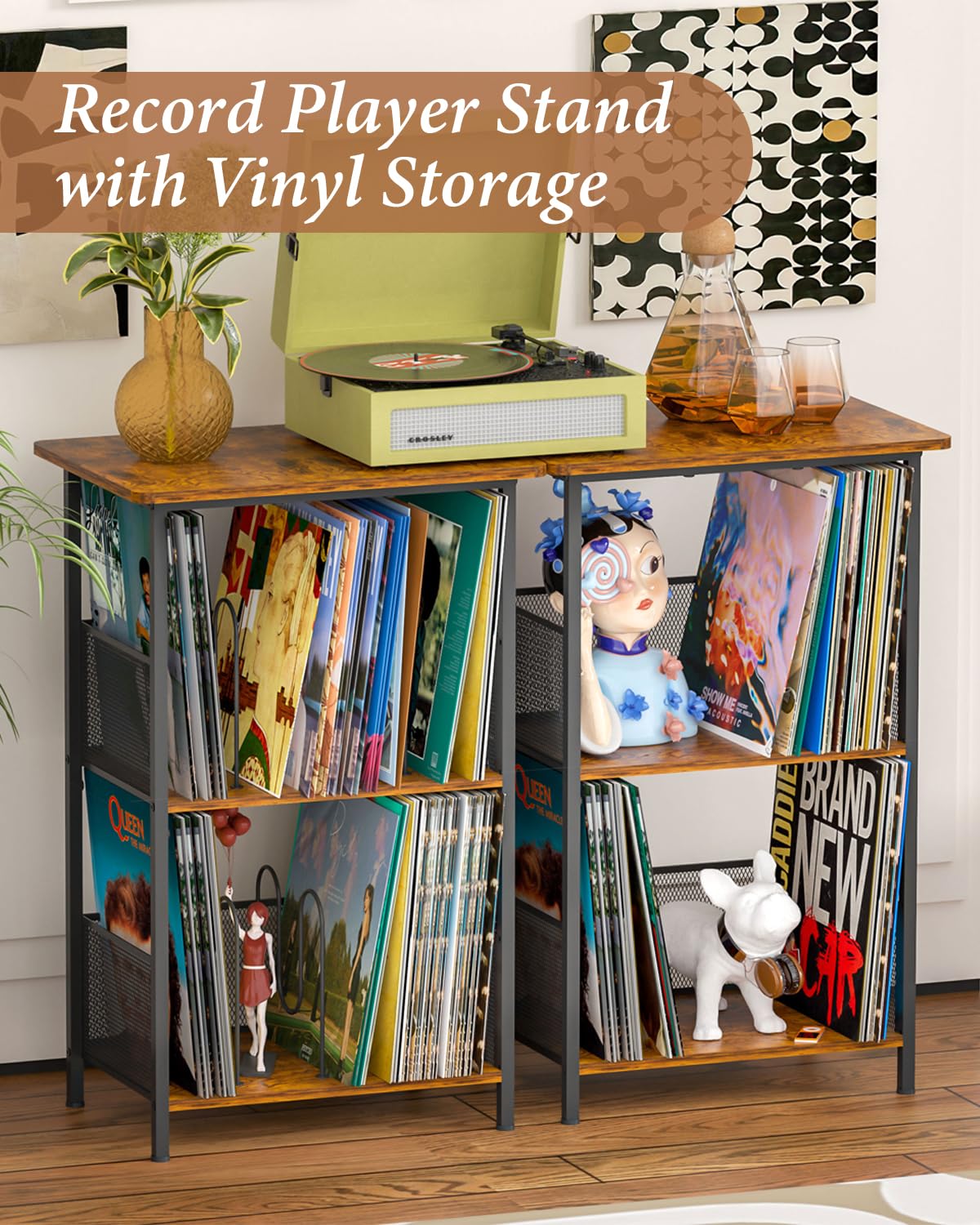 Honkazita Record Player Stand 3-Tier, Vinyl Record Storage up to 200 Albums, Record Player Table with Smooth Wood Top, Fits Most Phonographs, Turntable Stand & Bedside Nightstand, Space-Saving