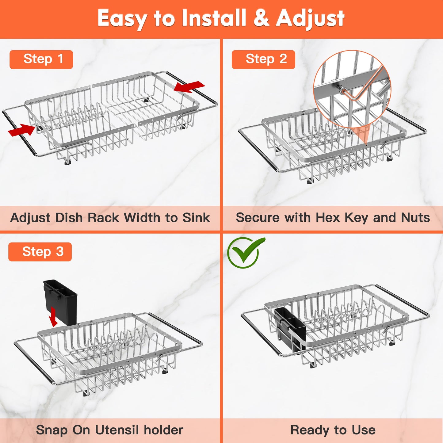 Expandable Over The Sink Dish Drainer Drying Rack In Stainless Steel Metal For Small Kitchen, Counter Space Saving Compact Above Plate Dryer Strainer, Adjustable Hanging Inside Sink Wire Drain Holder