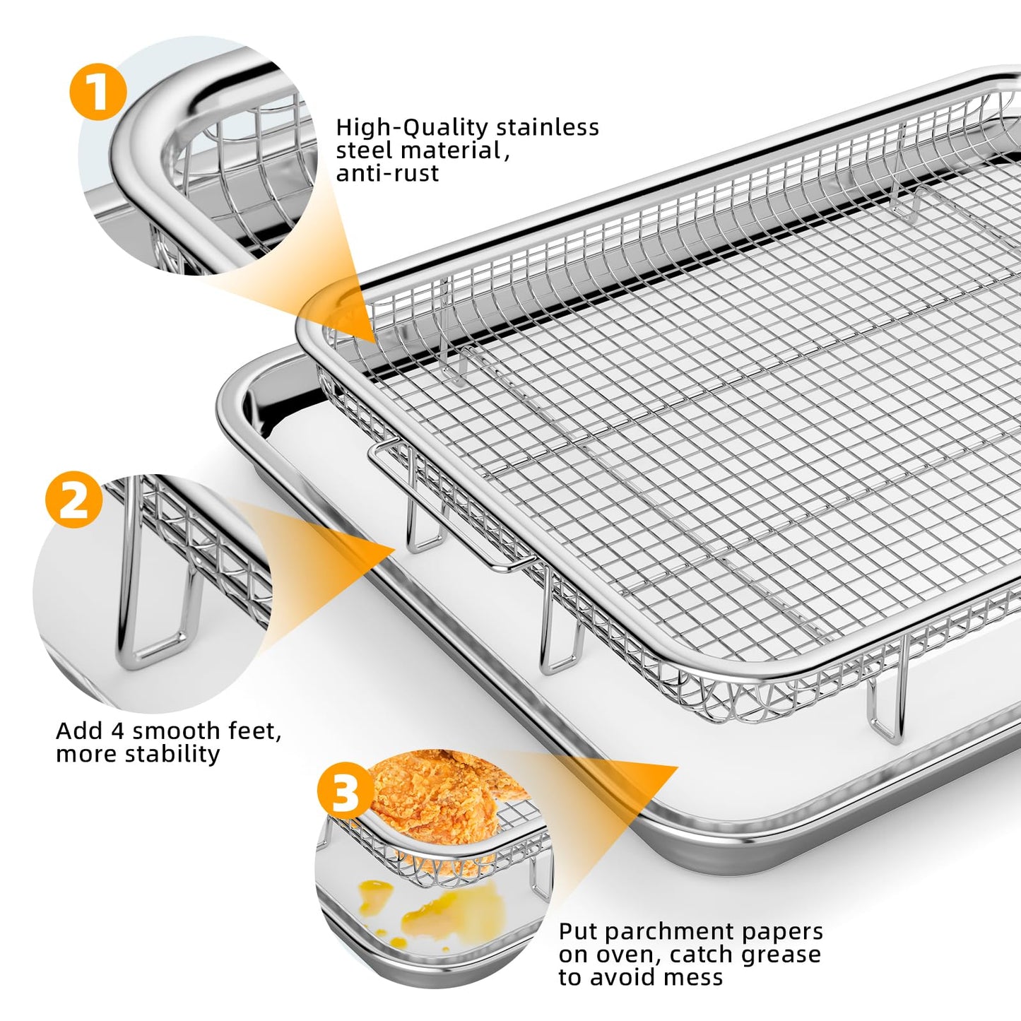 Air Fryer Basket for Oven, 2 Set Air Fryer Tray and Pan with 60PCS Parchment Papers, YEPATER Stainless Steel Air Fryer Pan and Crisper Tray for for Baking Grilling Cooking and Frying