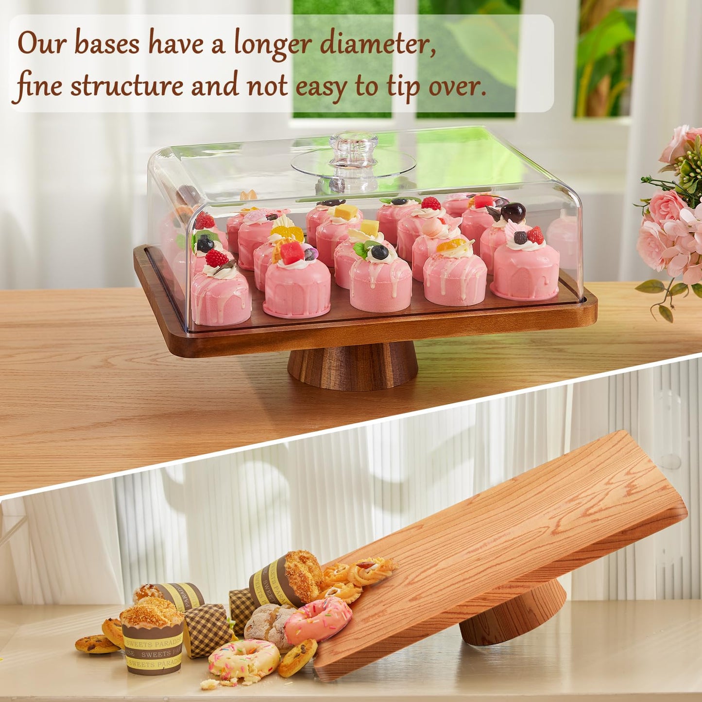 HouseJoy Acacia Wood Cake Stand with Lid-Extra Large 17" Rectangular Cake Holder,2-in-1 Dessert Table Display Set & Charcuterie Board,Acrylic Cake Dome Cover for Cheese/Veggie/Desert /Chips & Dip