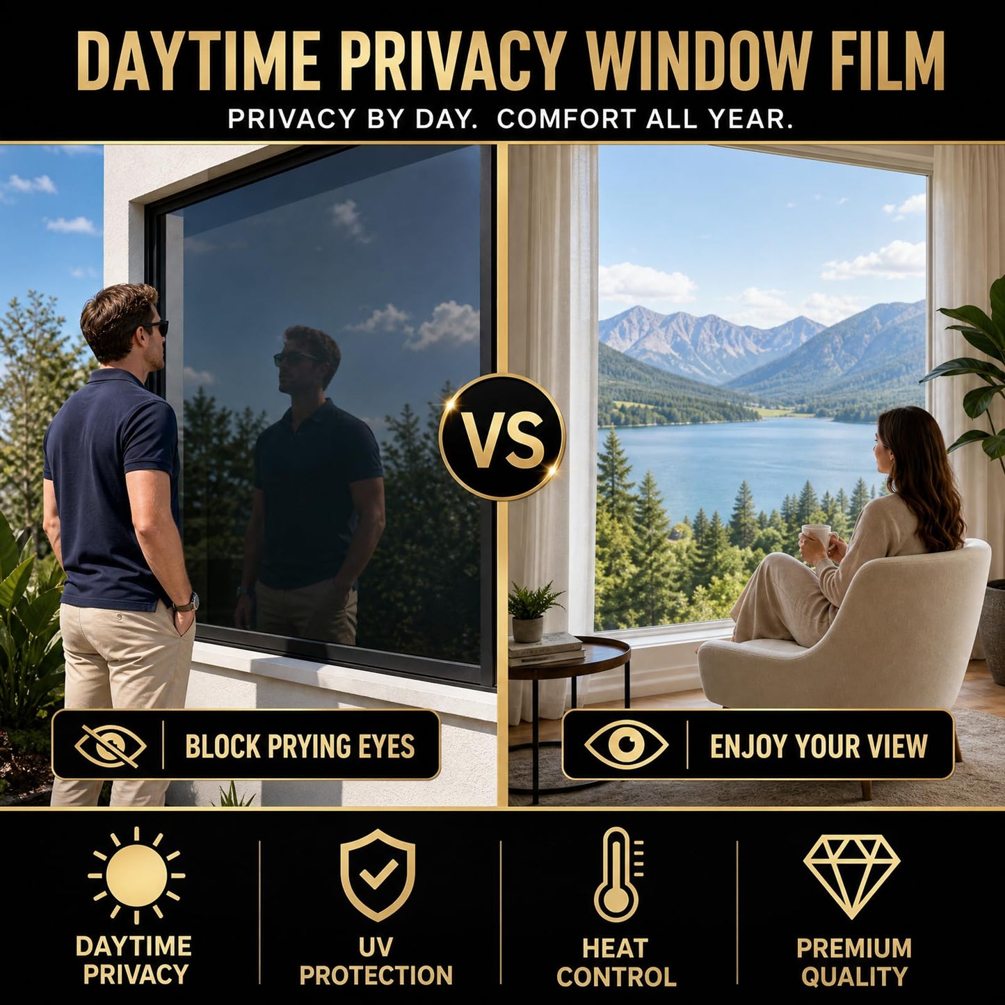 FILMGOO One Way Window Privacy Film - Window Tint for Home Daytime Privacy Mirror Film, Heat Blocking Reflective Glass Covering for Sun UV Control Black Silver 29.5 Inch x 13.1 Feet