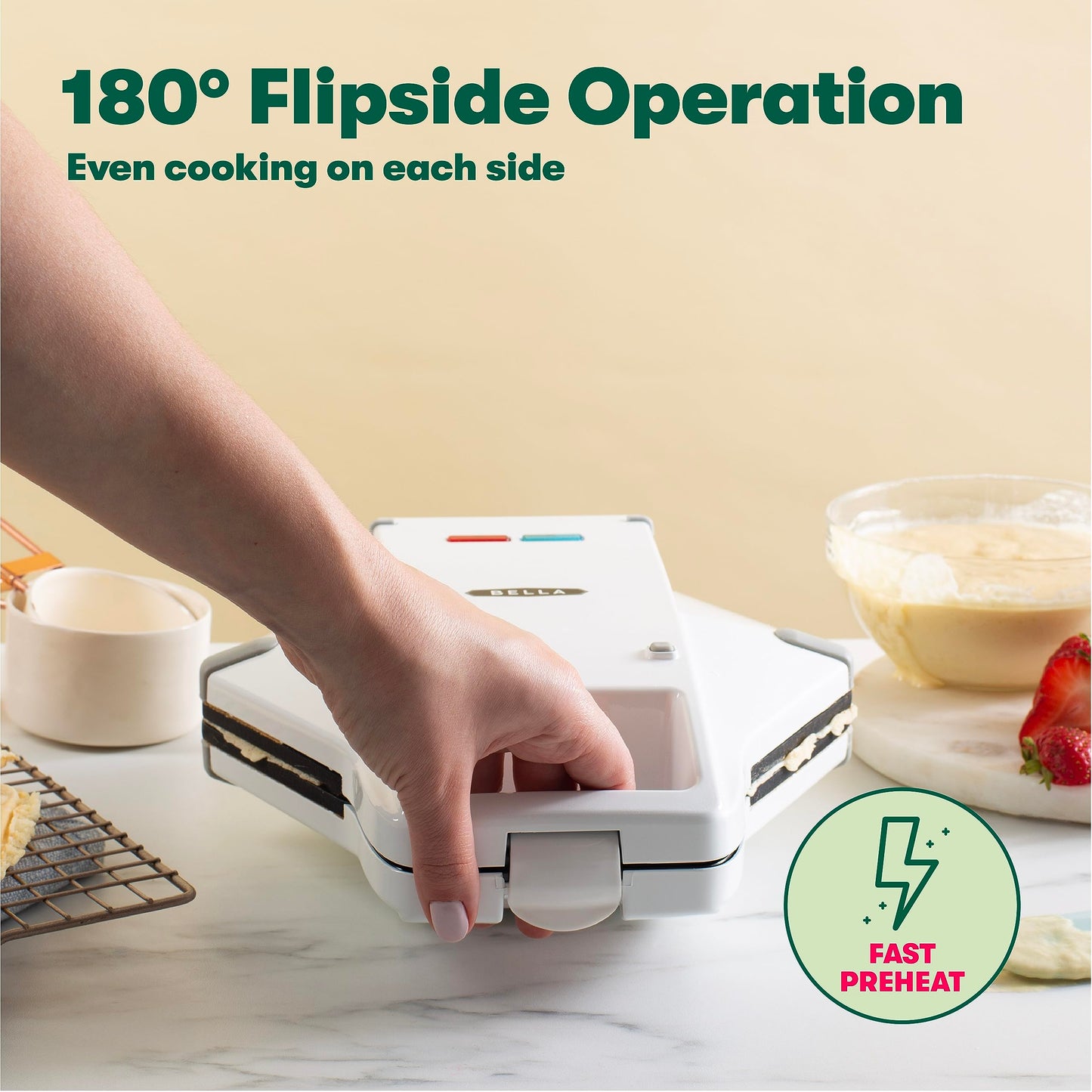 bella Bubble Waffle Maker for Hong Kong Style Breakfast Dessert 9" Waffles, Keto Chaffles Iron with Non-stick PFOA Free Iron Plates for Easy Cleaning and Food Release, Cone Rack Included, White