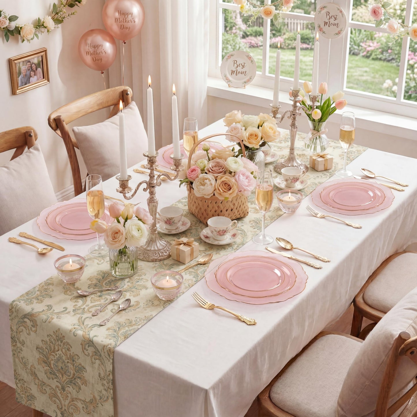 KIRE 210Pcs Clear Pink Plastic Plates with Gold Rim - Disposable Pink Plates for Party - 30 for Dinner 30 for Dessert 90 Silverware 30 Napkins 30Cups for Upscale Wedding/Party/Baby Shower