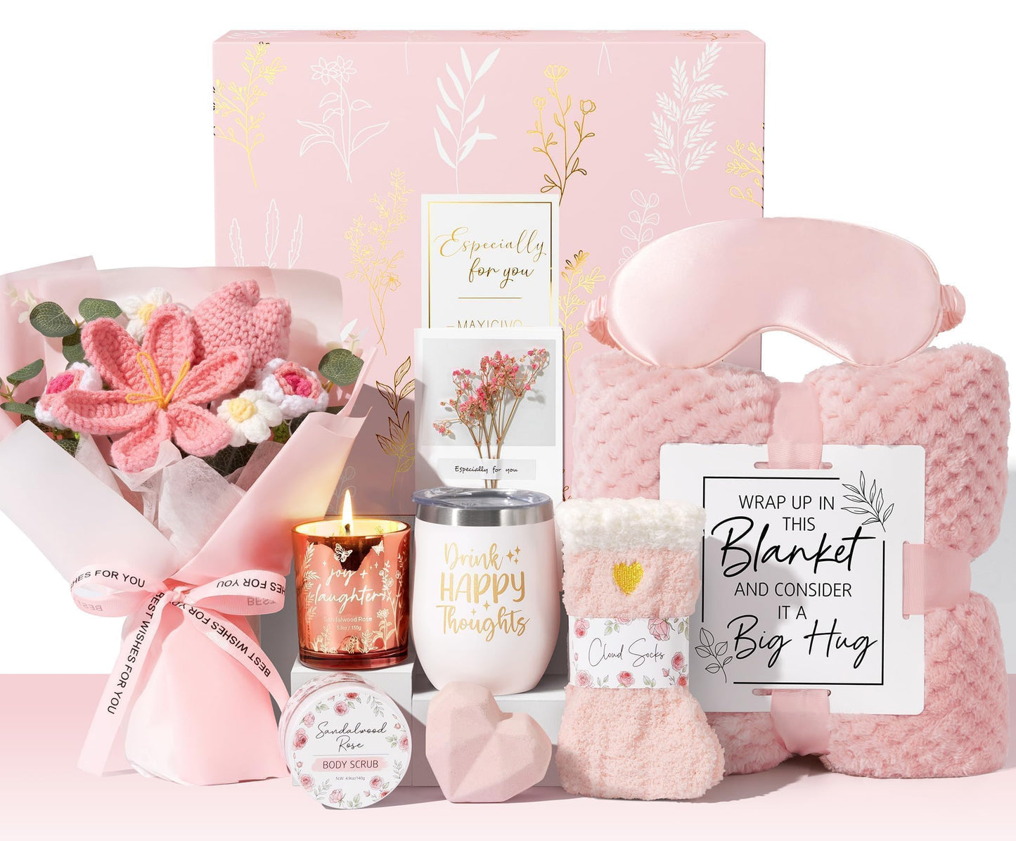 Birthday Gifts for Women Self Care Package Get Well Soon Gift Baskets, Thinking of You Sympathy Gift Set w/ Crochet Flower Bouquet, Unique Christmas Spa Gifts for Women Mom Her Best Friend Sister Wife