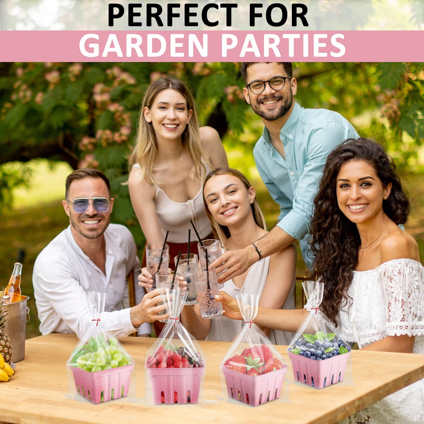 Amyhill 100 Pack Pink Pulp Fiber Berry Basket Set Include 100 Strawberry Fruit Basket and 100 Clear Packaging Bags with 100 Tie Strips Small Berry Container for Farmer Market Produce Storage