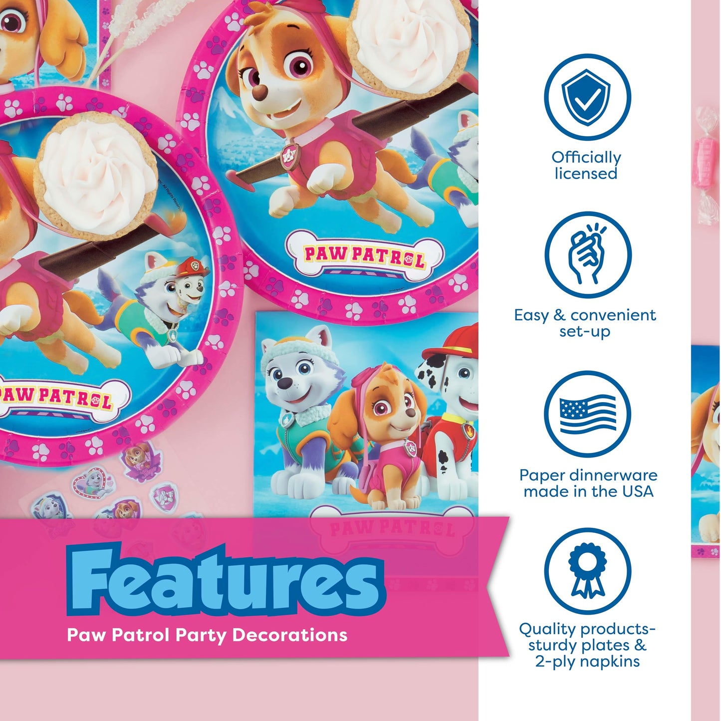 Skye Paw Patrol Birthday Decorations | Serves 16 | Pink Banner, Tablecloth, Plates and Napkins, Character Masks, Sticker | Paw Patrol Party Decorations for Girls