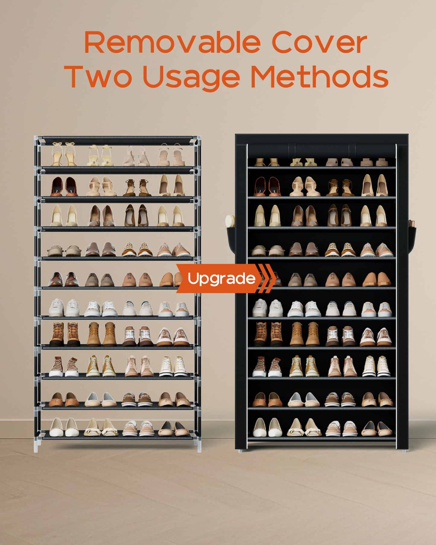 CASAMAYA Shoe Rack with Covers, 10 Tiers Tall Shoe Rack Organizer, Large Capacity Shoe Shelf Storage, Hold 40 Pairs of Shoes, Vertical Shoe Storage Organizer for Closet, Entryway, Black, SRT104B01