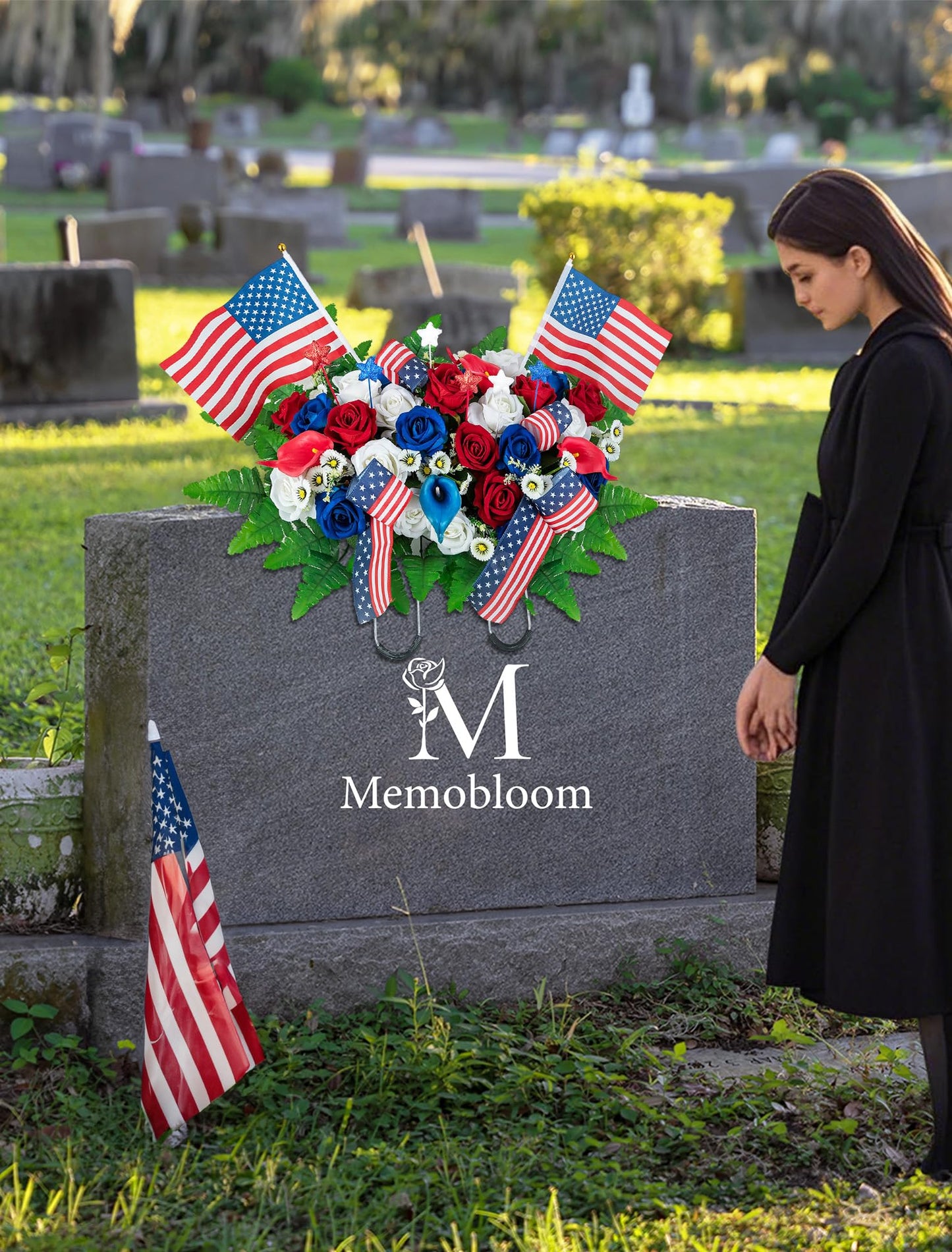 Memobloom Memorial Day Decorations for Cemetery: Patriotic Red White Blue Headstone Flower Saddle - Outdoor Artificial Velet Roses Cemetery Flowers for Grave with Flags for 250th Birthday of America