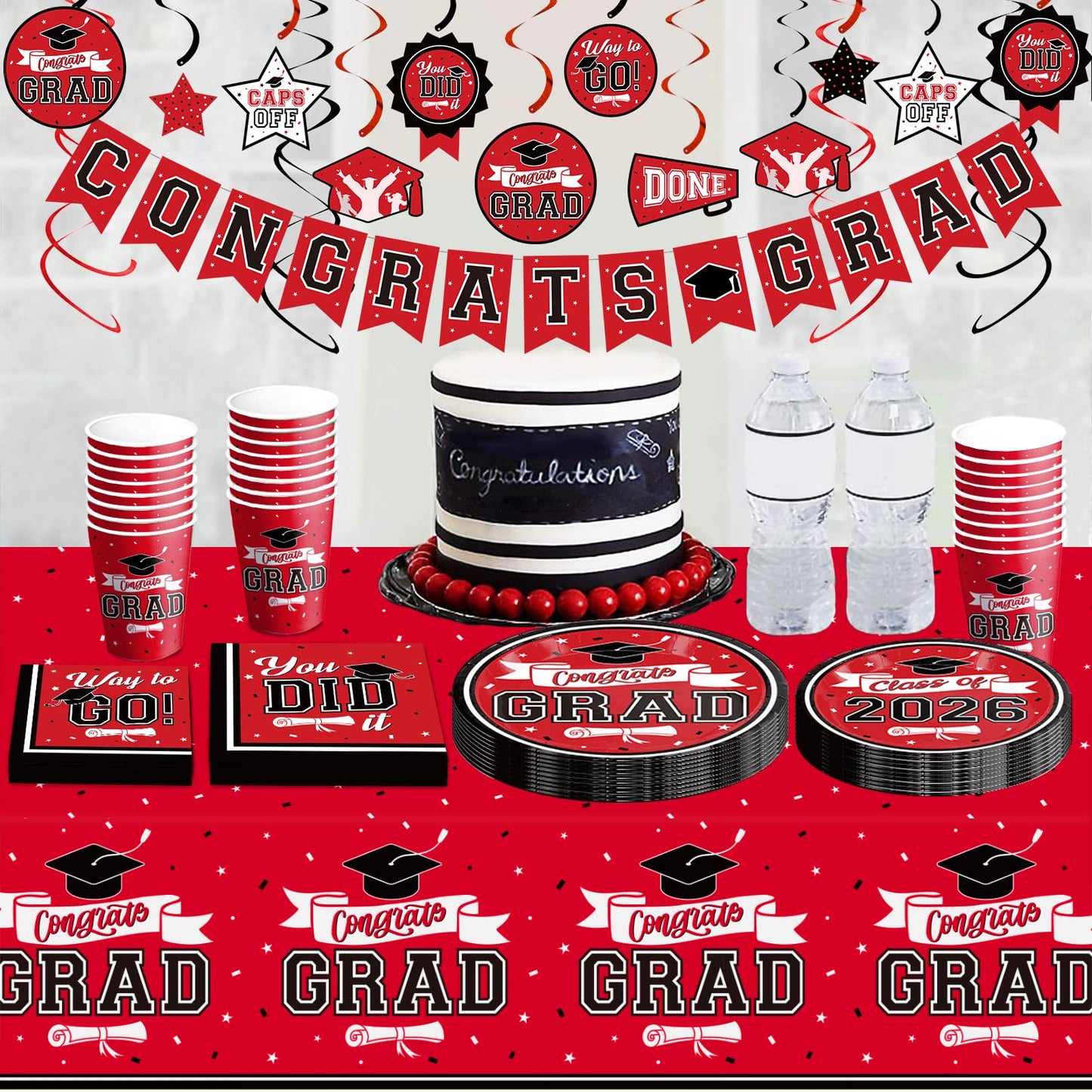 DAZONGE Graduation Decorations 2026 Red and Black, 265pcs Disposable Tableware Kit for 50 Guests, Plates, Napkins, Cups, Tablecloth and Hanging 2026 Graduation Party Decorations