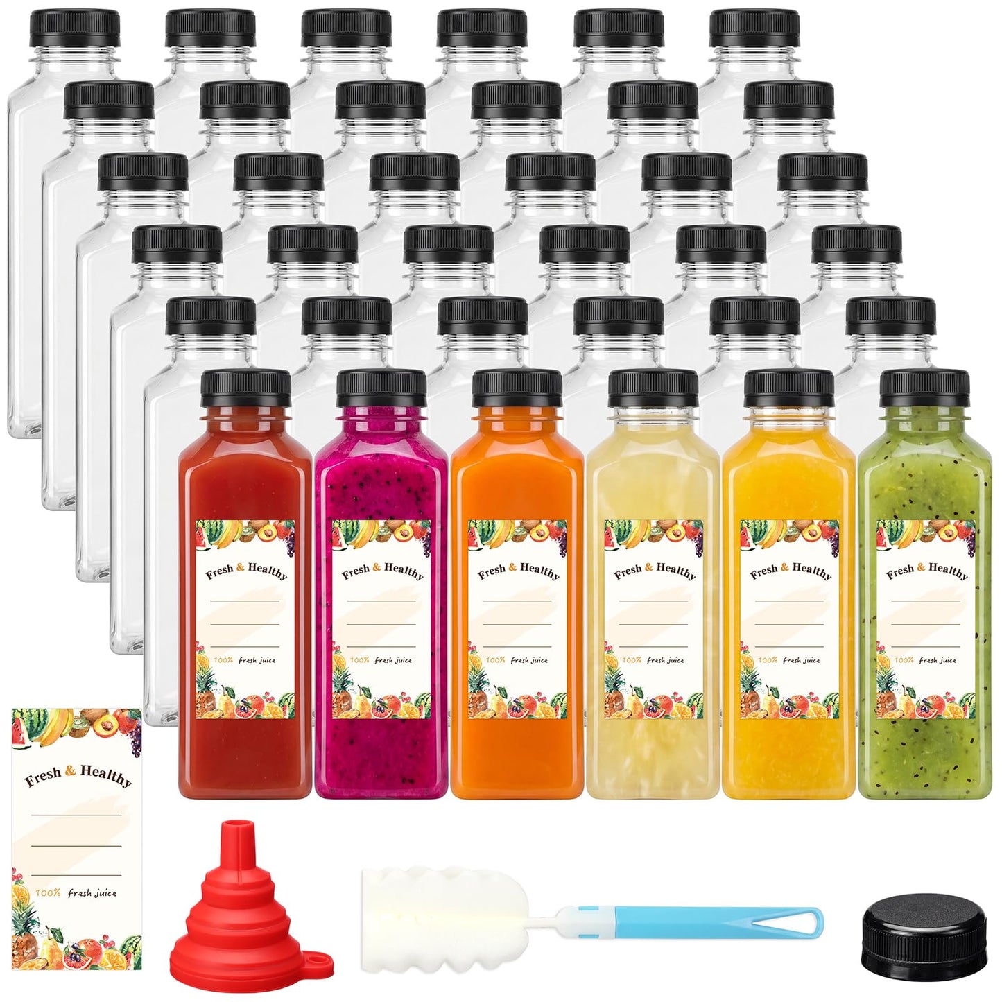 Moretoes 42pcs 16oz Plastic Juice Bottles with Caps, Reusable Juicing Bottles with Lids, Clear Containers for Smoothies and Other Beverages