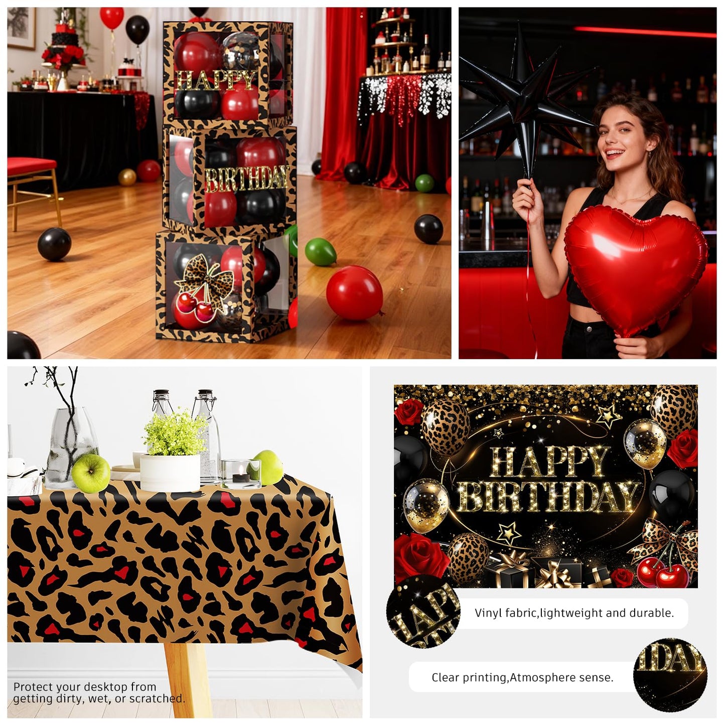 Cocomigo 258pcs Cheetah Print Birthday Decorations, One-stop Set for 25 People, Includes 350gsm Plates Pre‑threaded Banner Backdrop and Tablecloths, Cheetah and Cherry Birthday Decorations for Female