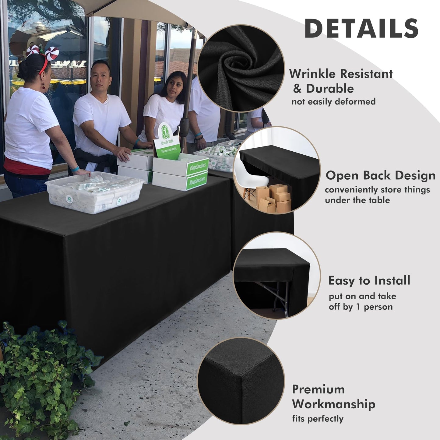 Nasitos 2 Pack Black Tablecloth for 8FT Trade Show Table Covers-Open Back Folding Tablecloths Washable Fabric and Wrinkle Resistant Table Covers for Craft Show, Display Table, Parties, Birthday