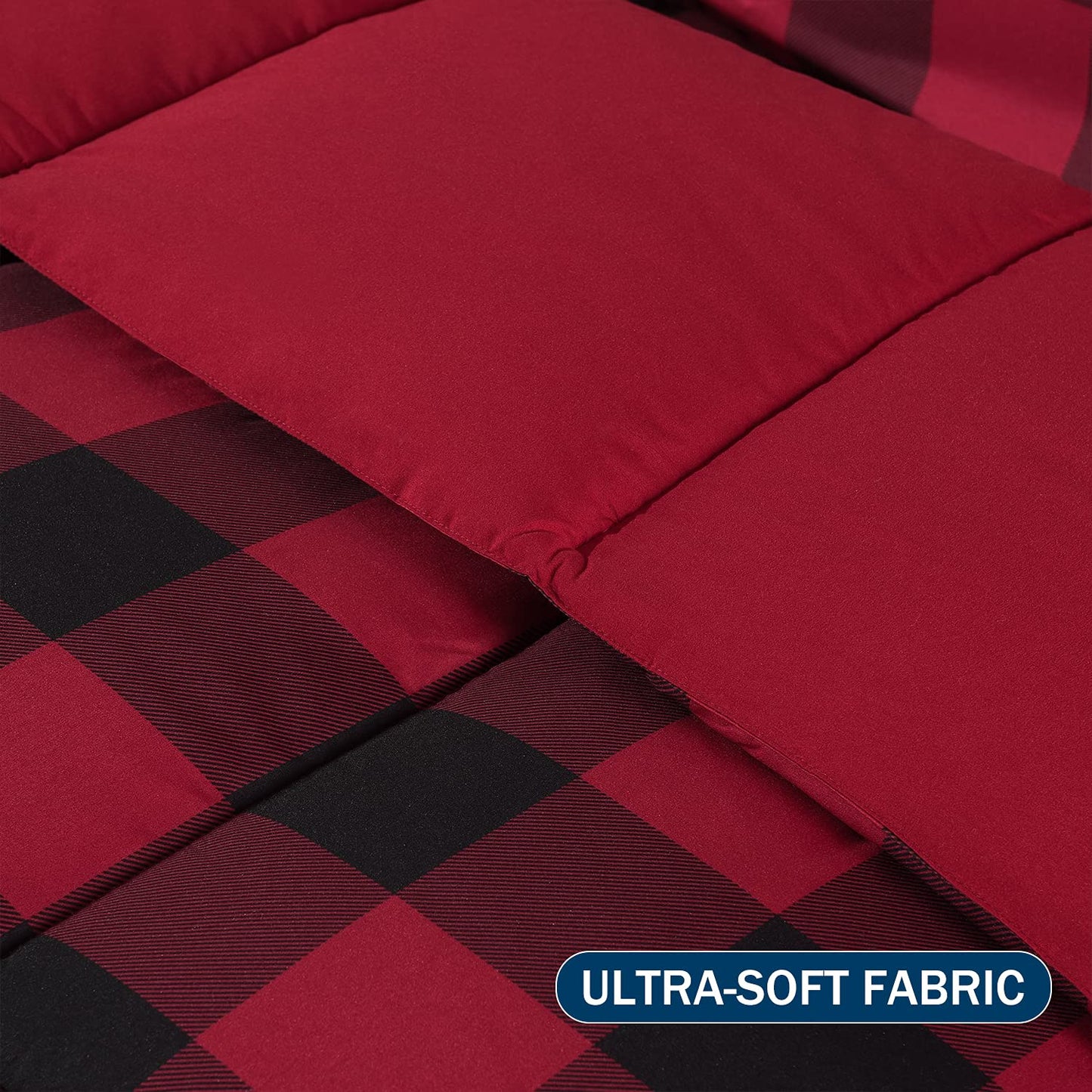 downluxe Lightweight Plaid Comforter Set (Queen) with 2 Pillow Shams - 3-Piece Set - Red/Black Plaid - Down Alternative Reversible Comforter
