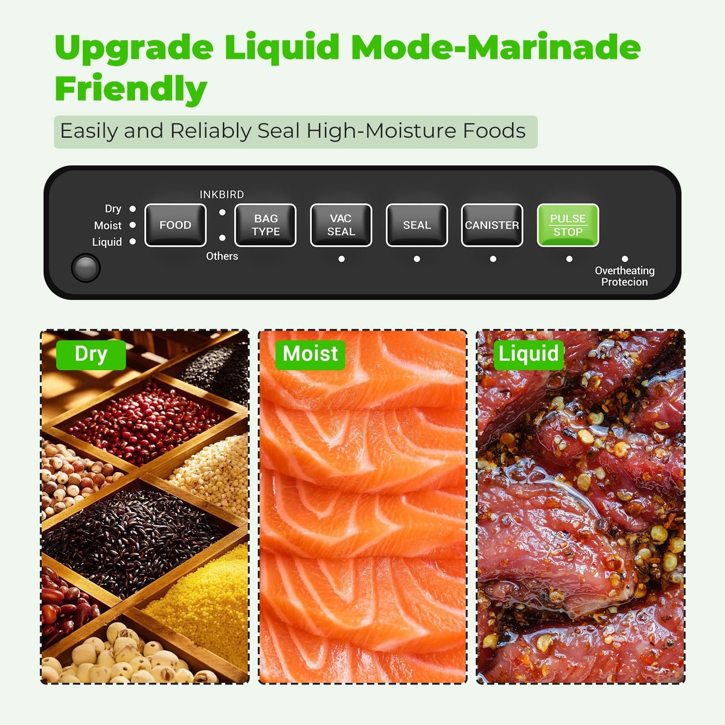 Vacuum Sealer Machine, INKBIRD Powerful 130W High Power with Liquid/Moist/Dry 6-Food Modes, Compact Food Preservation System with Cutter, Full Start Kit with Pre-cut Bags*10 (8''*11.8''), EXT-VAC