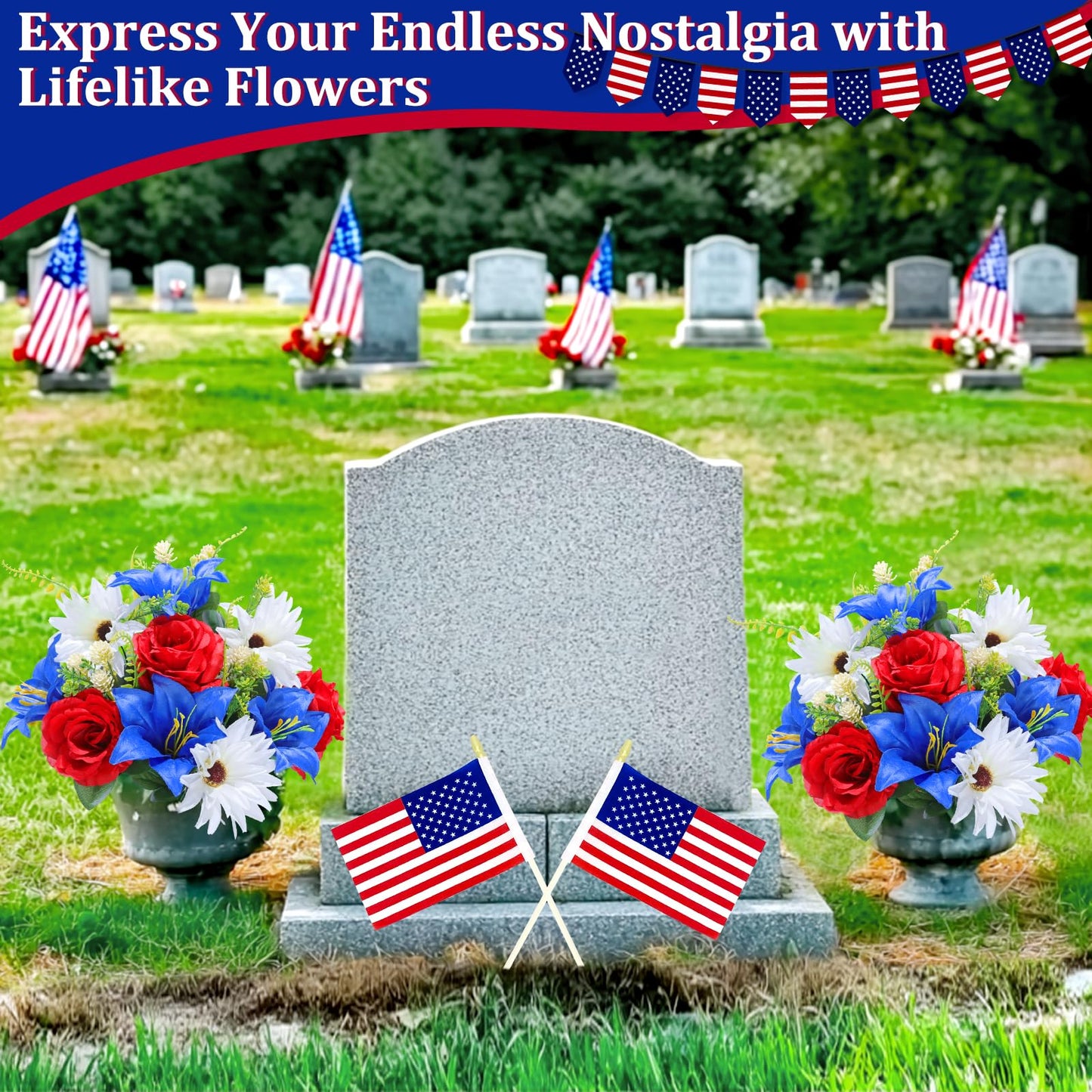 Large 20 Heads Artificial Red White and Blue Flowers Outdoor UV Resistant 2 Bouquets Patriotic Flowers Roses Sunflowers Lilies for 4th of July Decor Veterans Indoor Home USA 250th Anniversary