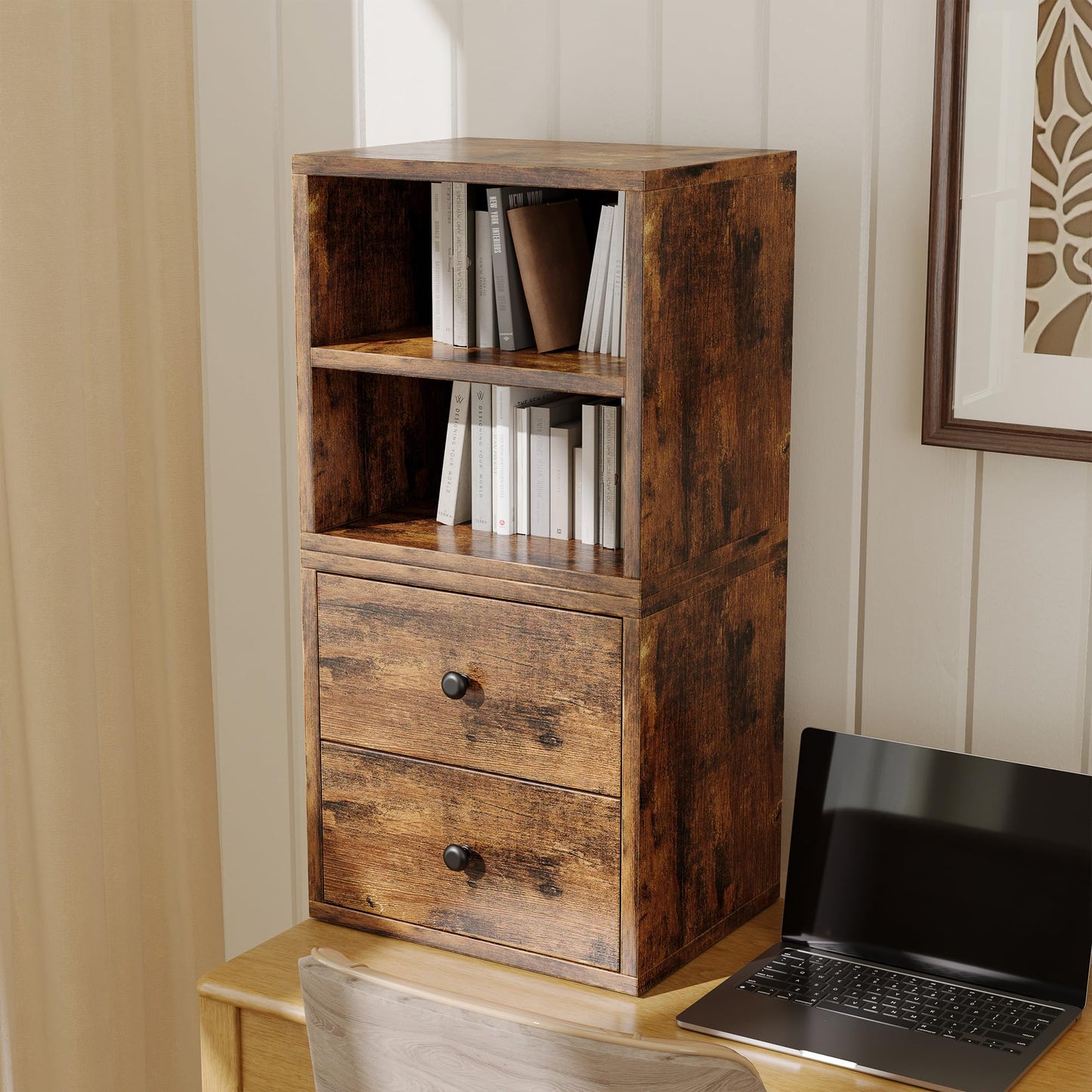 FUSUNBAO Magic DIY Storage Organizer - Stackable Cubes for Home Books, Clothes, Toys-Modular Cubby Storage System-Office Cubical-Bookcase Closet (Antique Brown, 1 Layer Cube)