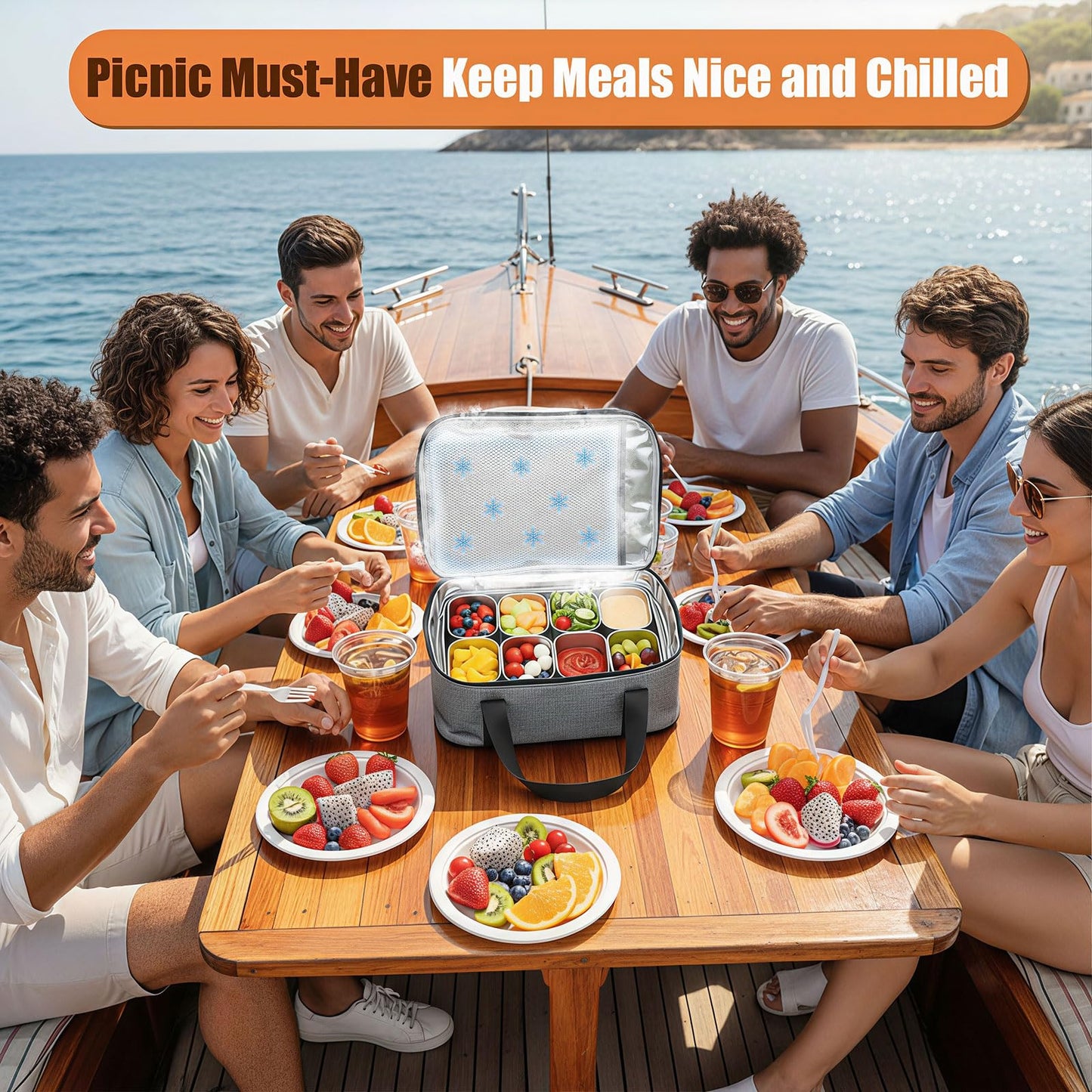 Snackle Box Container with Ice Pack, 304 Stainless Steel Divided Serving Tray, Snacklebox with Insulated Bag, 8 Compartment Platter Box with Lid and Handle for Beach, Road Trip, Boat Days, Pool Party