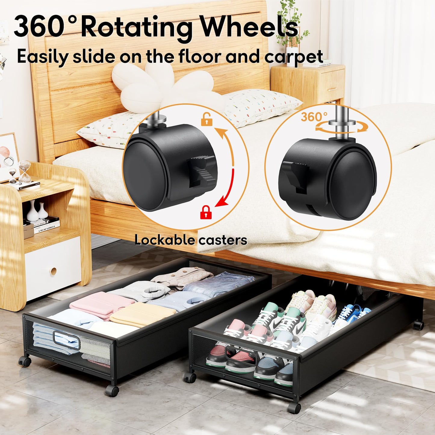 LeArex Under Bed Storage Containers with Wheels 2 Pack Underbed Shoe Storage Bedroom Storage Bins Organizer Large Capacity Under Bed Storage with Lid for Clothes Shoes Toys Blankets (Black)