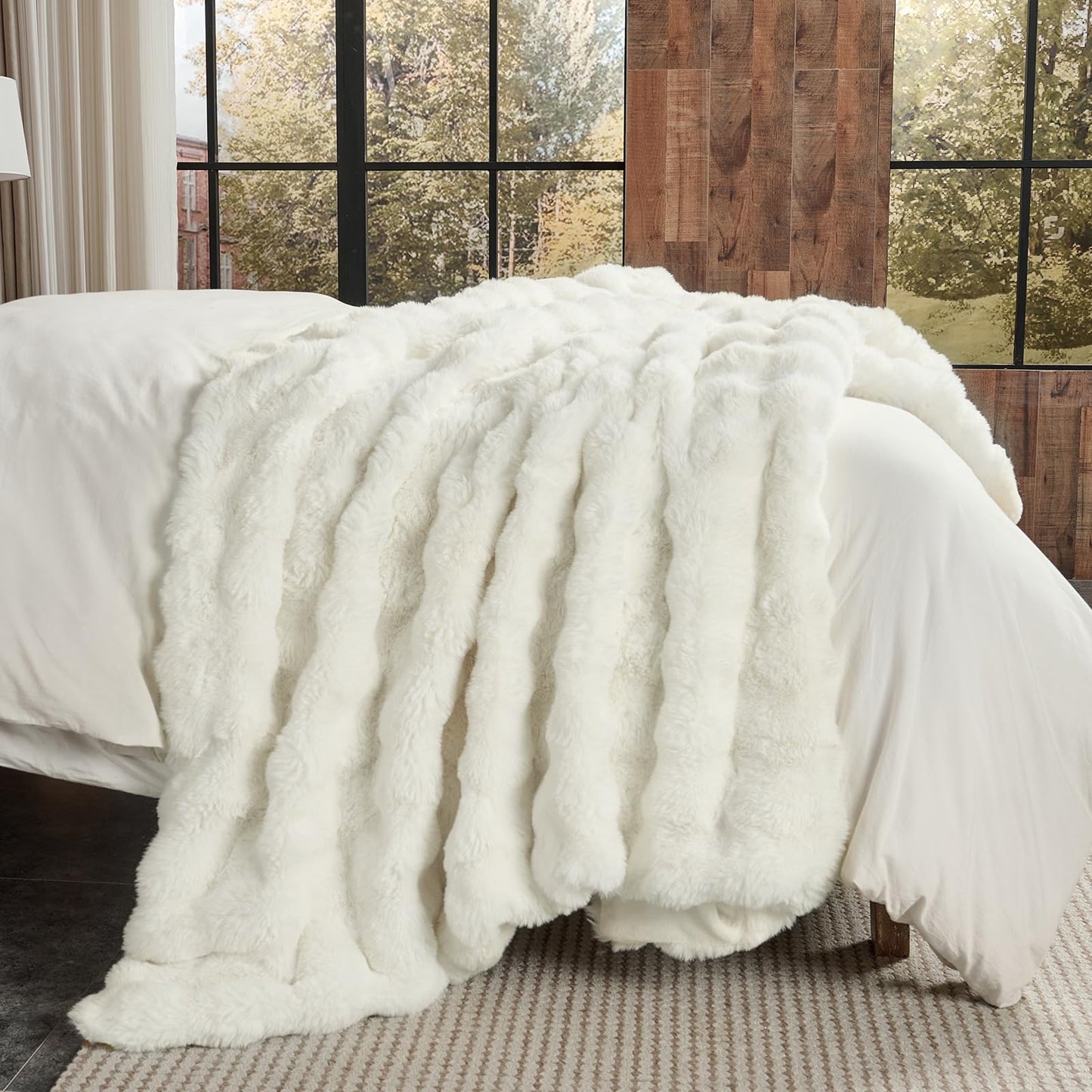 Lotus Karen Queen Size Faux Fur Blanket - Cream White Big Bubble Rabbit Fluff, 90x90 Inches