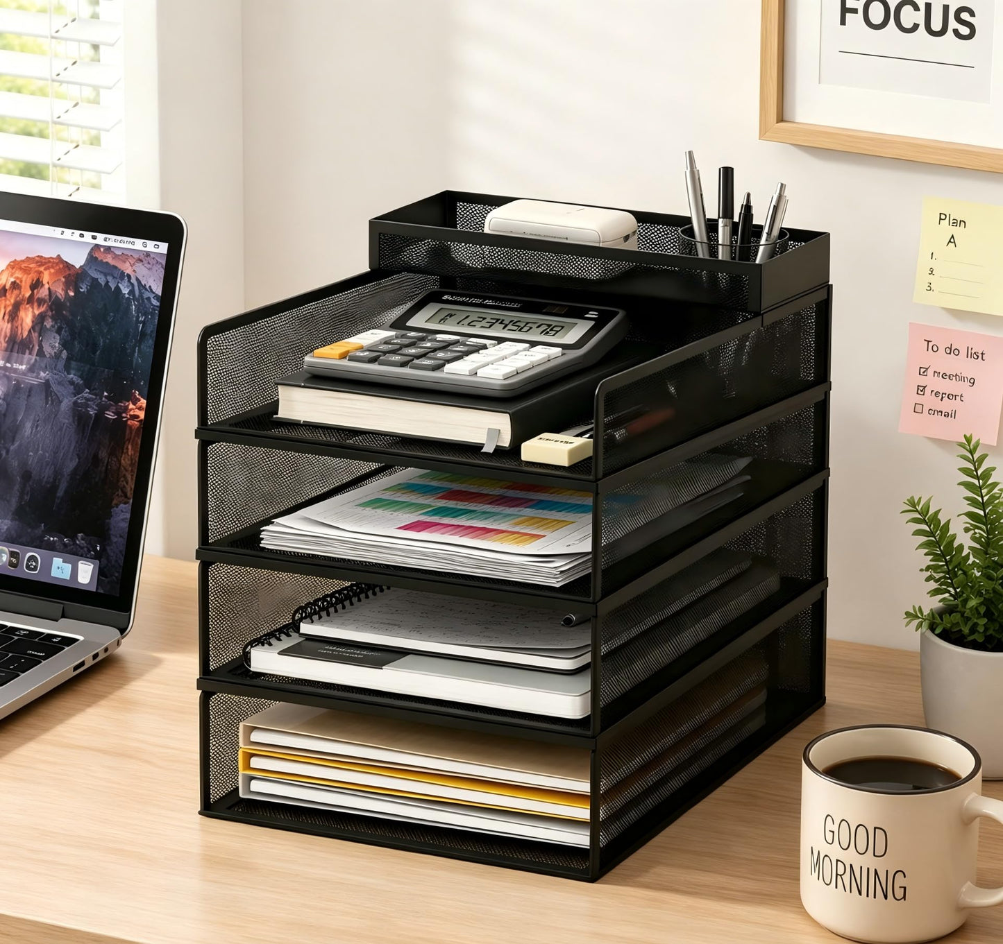 Natwind 4 Tier Stackable Paper Trays for Letter Documents, Desktop File Organizers for Office Supplies, Metal Mesh Desk Organizer，Office Organizer，Letter Trays for Home, Office, School，Black