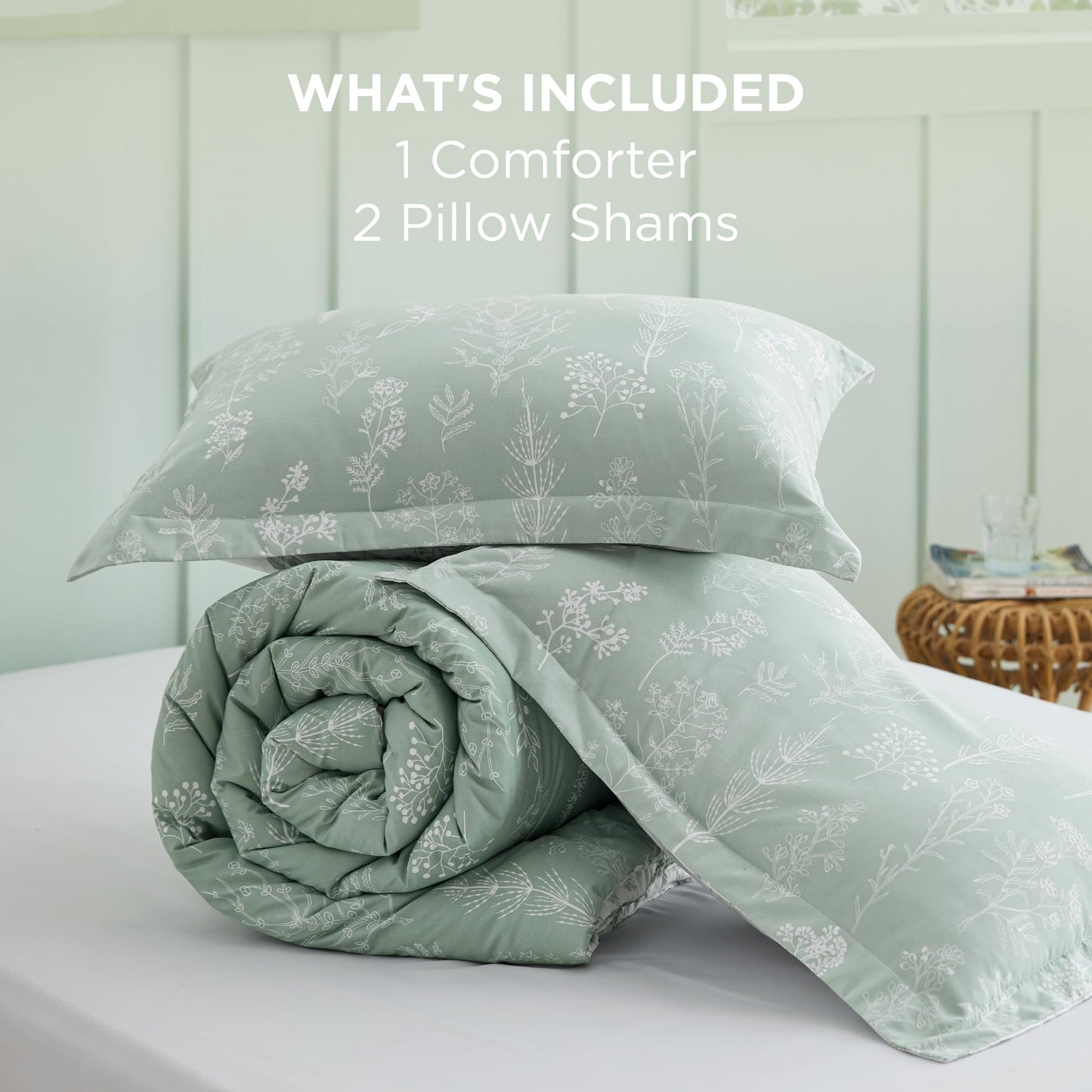 Bedsure Full Comforter Set - Sage Green Bed Set, 3 Pieces Cute Floral Bedding, 1 Soft Reversible Botanical Flowers Comforter and 2 Pillow Shams