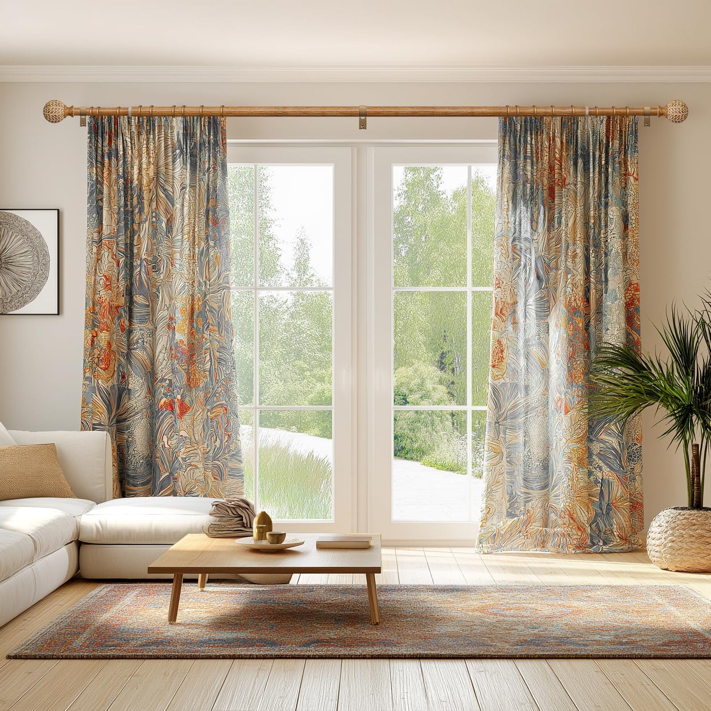 QDWIS 2 Pack Wood Curtain Rods for Windows 28 to 48 Inch,1'' Diameter Drapery Rods with Imitation Wood Grain Leaf Pattern Finials,Boho Adjustable Heavy Duty Curtain Rods Set,18-60'',Color:Natural Wood