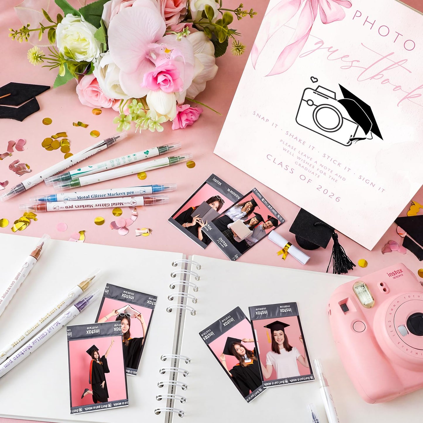 12 Pcs 2026 Graduation Guest Book with Photo Sign Decor 80 Pages Class of 2026 Scrapbook Photo Album with 10 DIY Dual Tip Metallic Markers Pens Gift, Exclude Camere(Pink Bow,Pink,10.4 Inches)