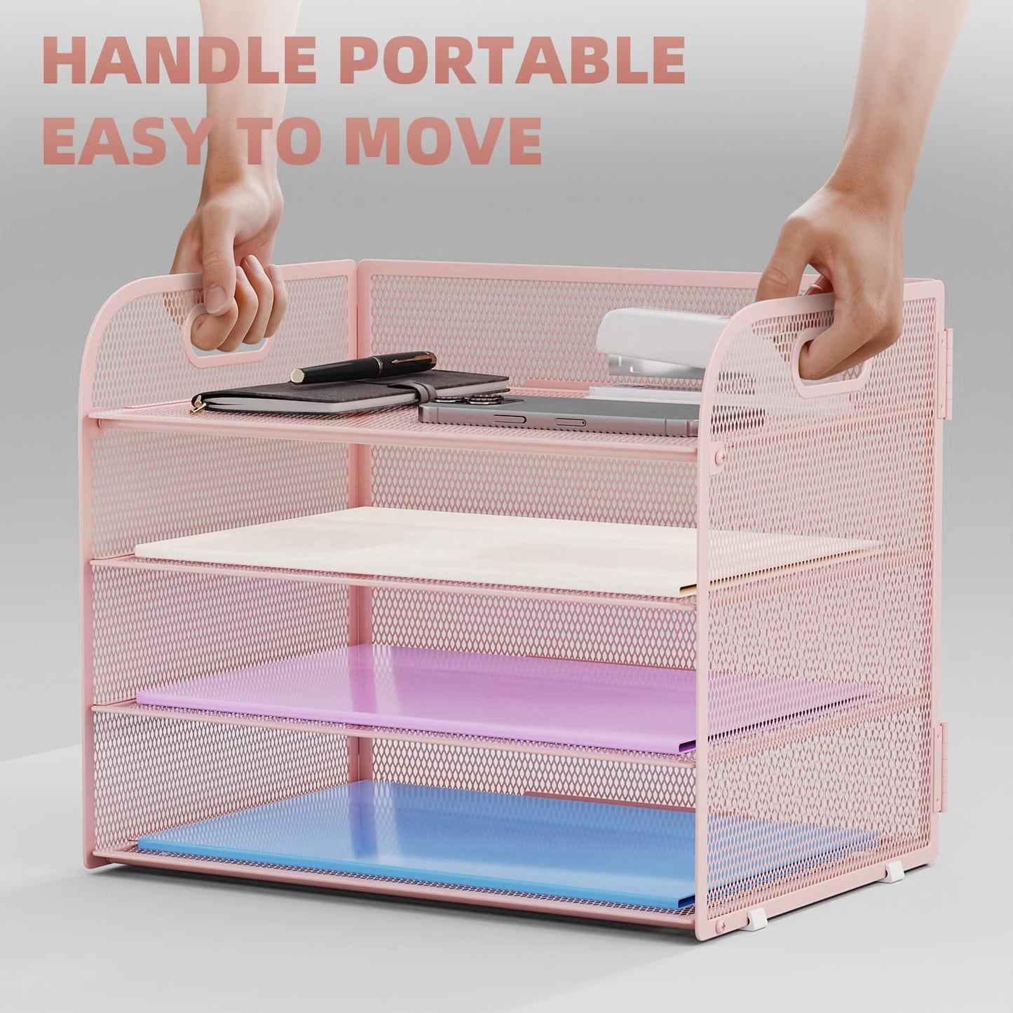 Marbrasse 2 Pack 4 Tier Paper Organizer Letter Tray - Mesh Desk File Organizer with Handle, Paper Sorter Organizer for Letter/A4 Office File Folder Holder (Pink, 12.6" x 9.1" x 10.7")