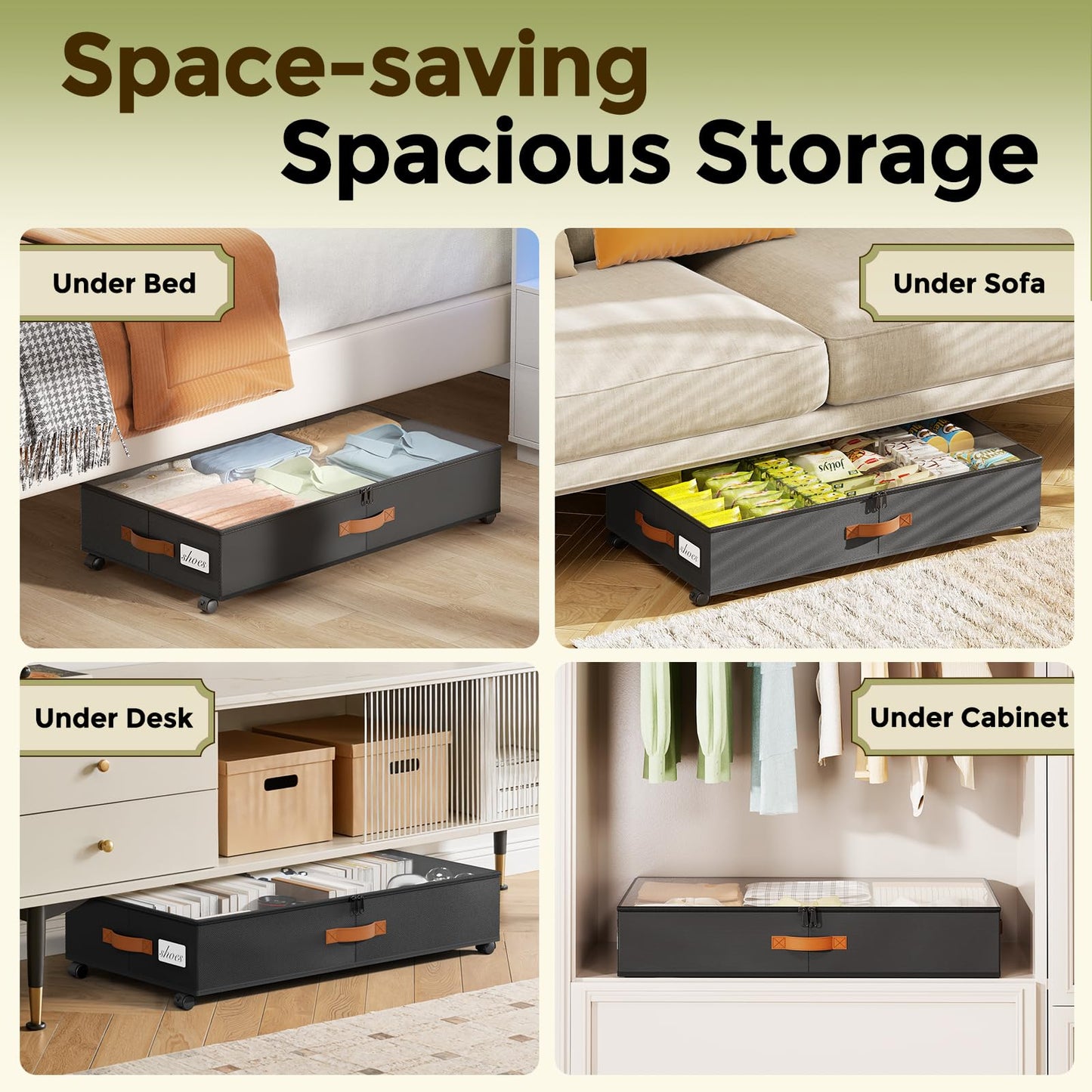 LAMU Under Bed Storage with Wheels, 2 Pack Under Bed Storage Containers with Clear Lids & Label, Rolling Under Bed Drawers for Clothes, Shoes, Blankets, Black