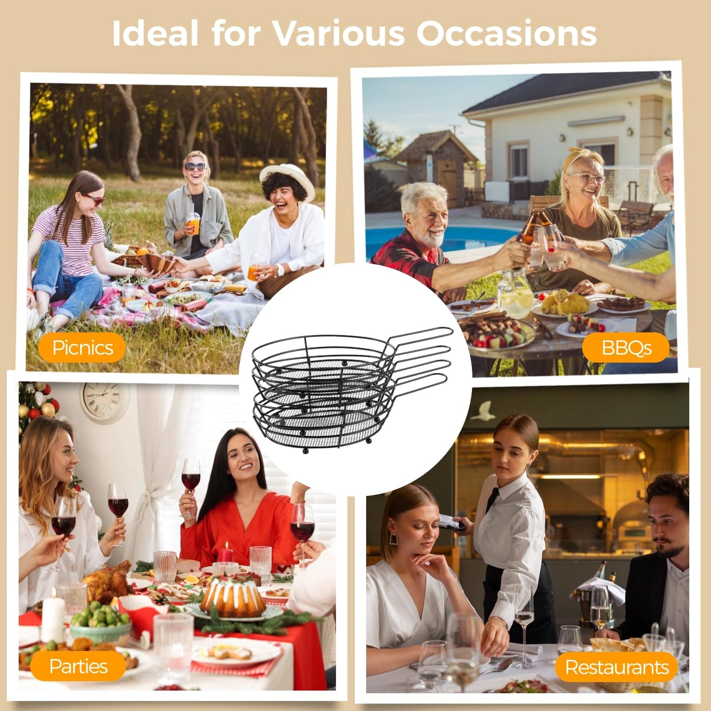 Toyosport 12 Pack French Fries Baskets, Black Iron Serving Baskets with Handles, Oval Mesh Food Presentation Trays with 50 Deli Papers, Fried Food Bowls, Small Fryer Holders for Parties, BBQ, Kitchen