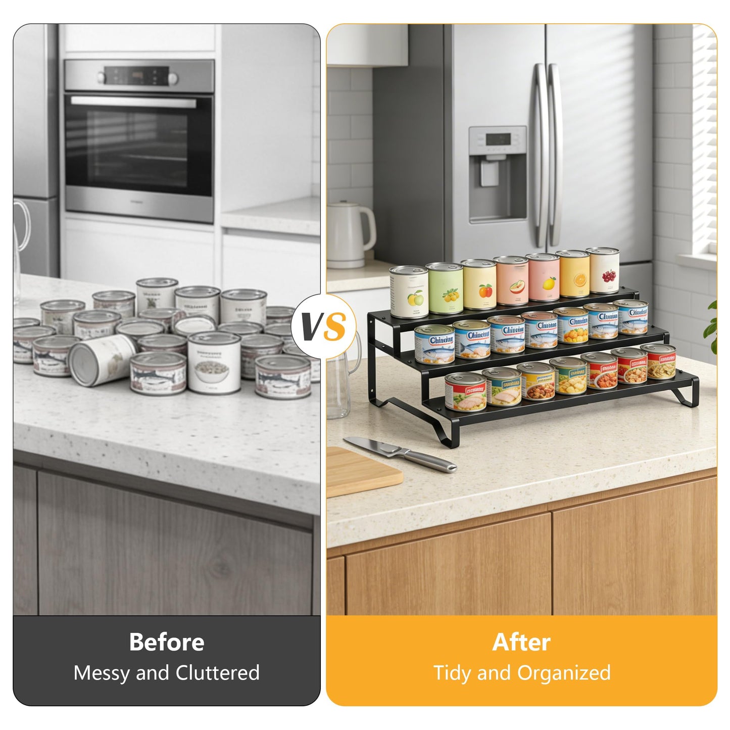 3 Tier Expandable Can Rack Organizer for Pantry, Adjustable 13"-21" Metal Soda Can Organizer, Pantry Organization Canned Food Storage Holder for Kitchen Cabinet Countertop, Black 1Pack