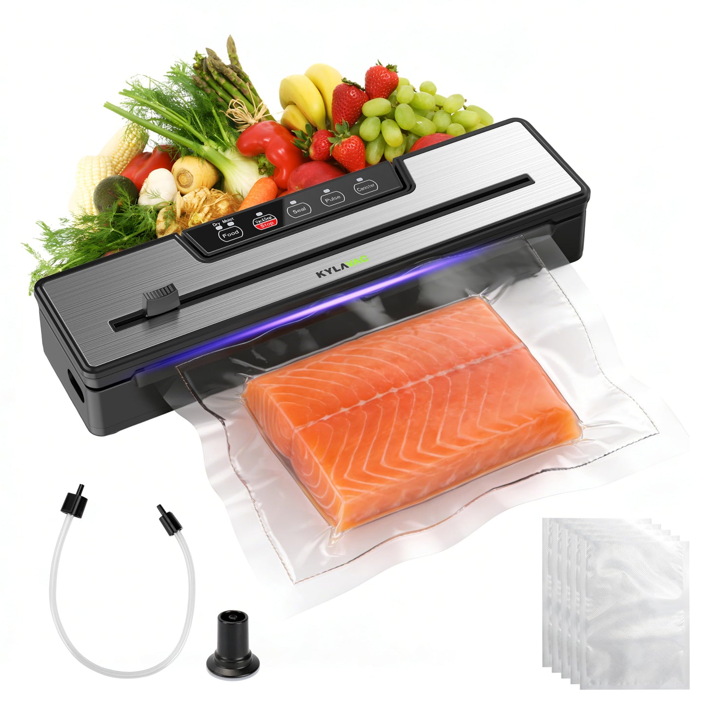 Food Vacuum Sealer Machine 80KPA Powerful Suction 6-in-1 Multifunctional Fast Compact Vacuum Sealer for Kitchen Storage with Dry/Moist Modes & Tube Accessories, Built-in Cutter + Bags