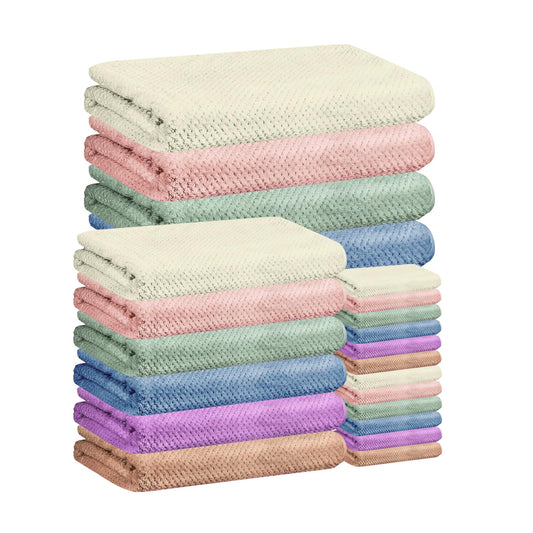 SENONAPO 24 Pcs Towels Set 6 Bath Sheets 6 Washcloths and 12 Hand Towels, Reusable Absorbent Quick Dry Colorful Coral Velvet Towel for Shower Bath Spa Hotel Bathroom Supplies (Multicolor)